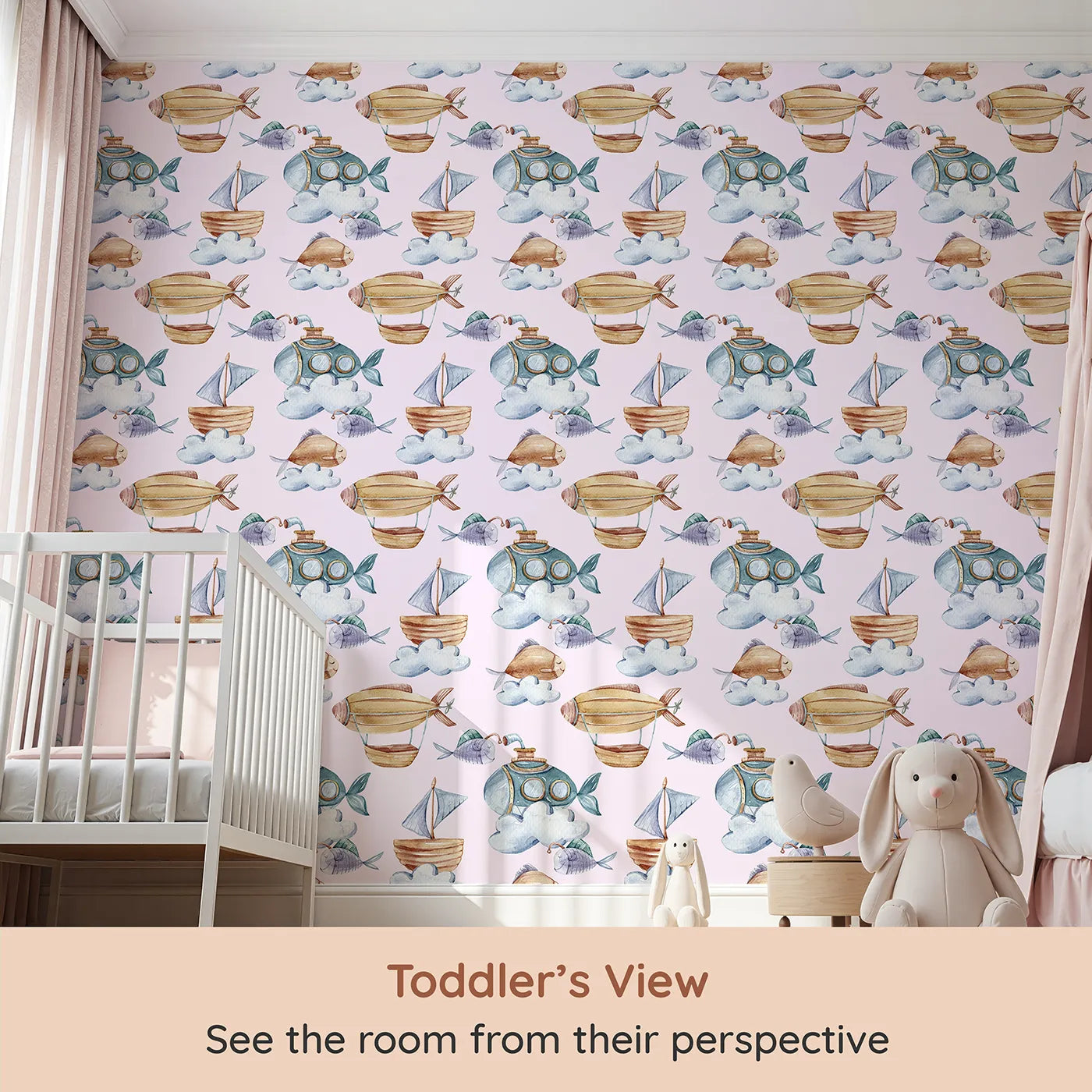 Whimsy Tots Skybound Explorers Wallpaper in Blush Pink (W3394B) from your child's view.Blushing clouds carry submarines, sailing boats, and cheerful fish through the sky.