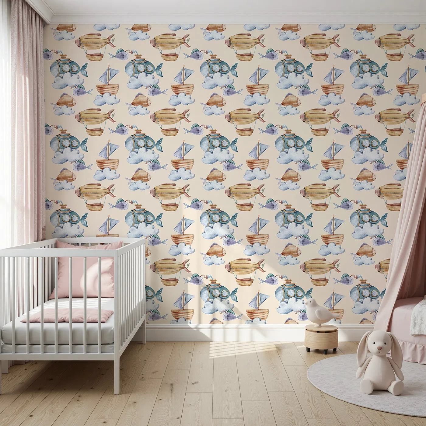 Front view of Whimsy Tots' Skybound Explorers Wallpaper in Cream