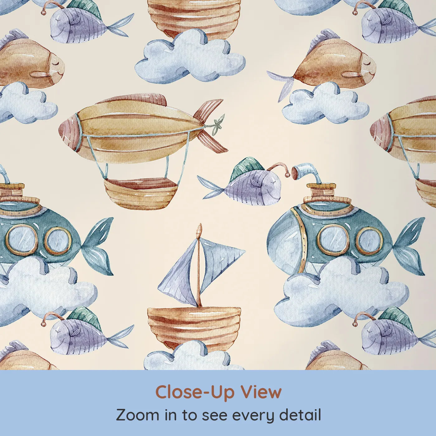 Close-up view of Whimsy Tots' Skybound Explorers Wallpaper in Cream (W3394C).Submarines and sailing ships float through creamy skies alongside curious fish and clouds.
