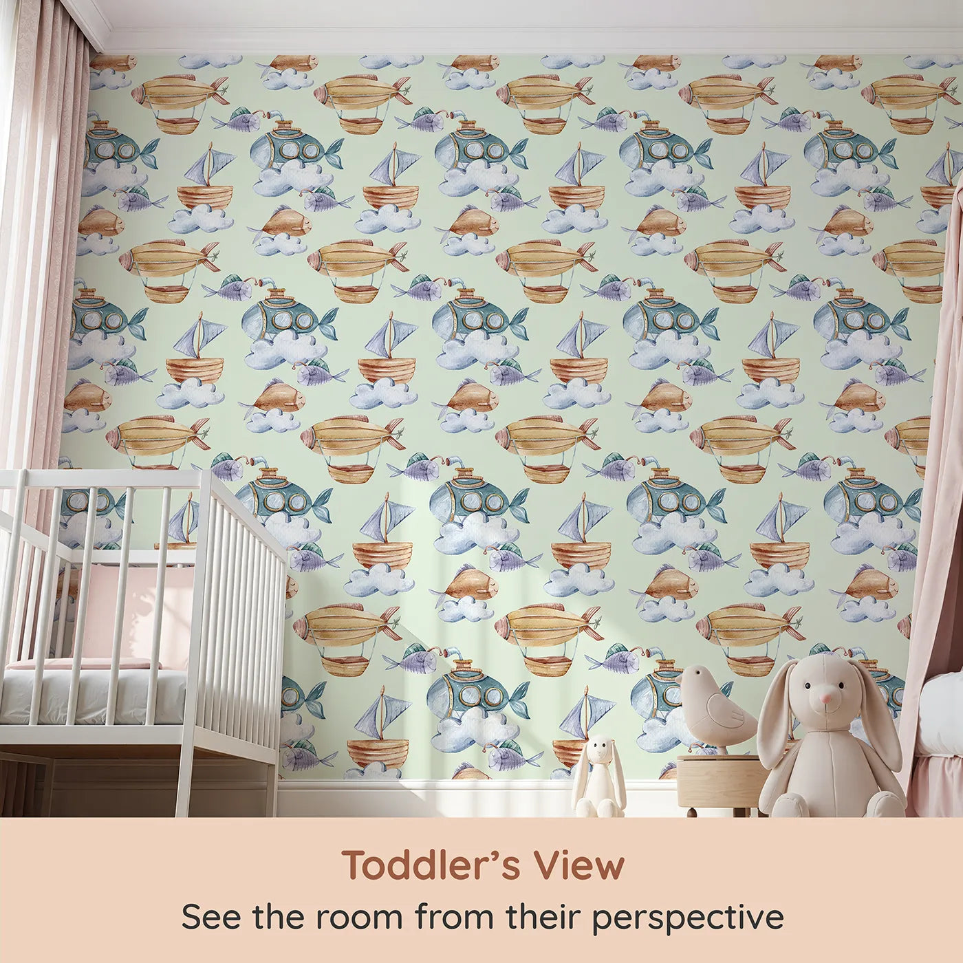 Whimsy Tots Skybound Explorers Wallpaper in Mint Green (W3394D) from your child's view.Mint skies carry boats, submarines, and smiling fish through a world of soft clouds.