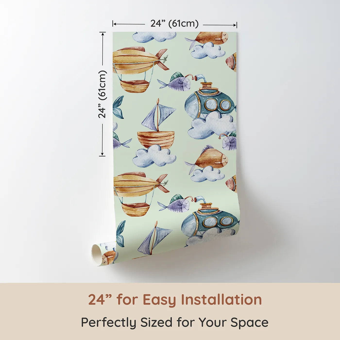 Dimension view of Whimsy Tots Skybound Explorers Wallpaper in Mint Green (W3394D). Printed in 24-inch-wide panel for easy installation. Mint skies carry boats, submarines, and smiling fish through a world of soft clouds.