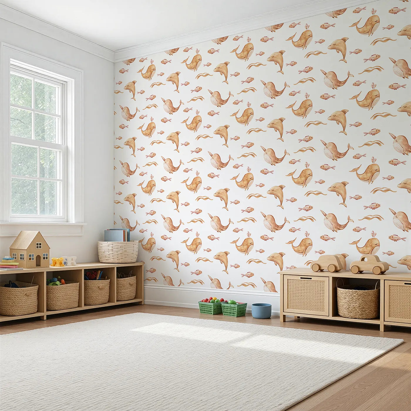 Angled view of Whimsy Tots' Blushing Ocean Friends Wallpaper in White (W3395A).Whales, dolphins, and narwhals swim sweetly through calm white waters.