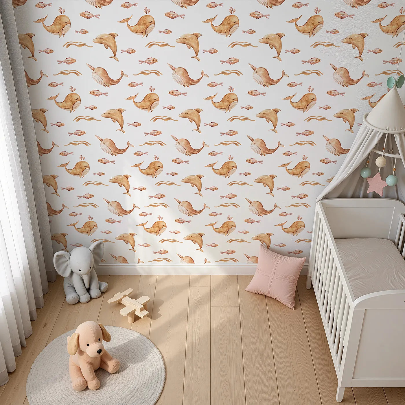 Top-Down view of Whimsy Tots' Blushing Ocean Friends Wallpaper in White (W3395A).Whales, dolphins, and narwhals swim sweetly through calm white waters.