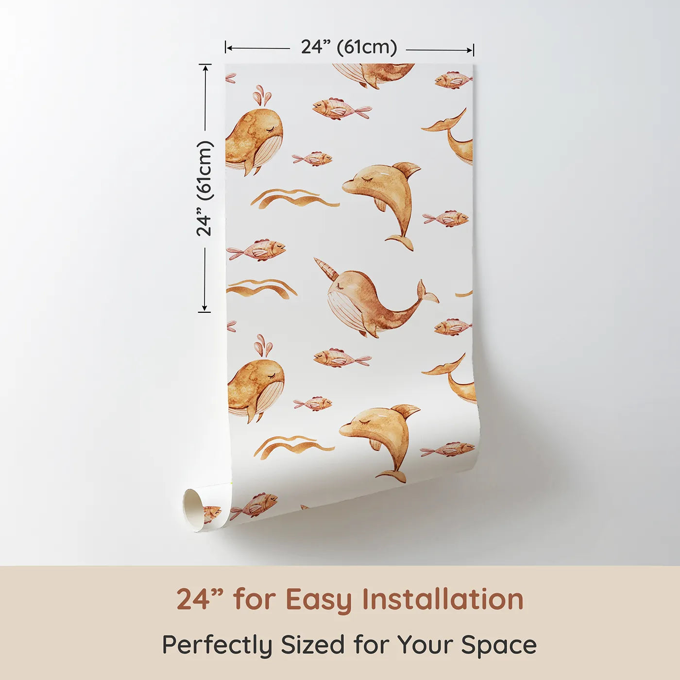 Dimension view of Whimsy Tots Blushing Ocean Friends Wallpaper in White (W3395A). Printed in 24-inch-wide panel for easy installation. Whales, dolphins, and narwhals swim sweetly through calm white waters.