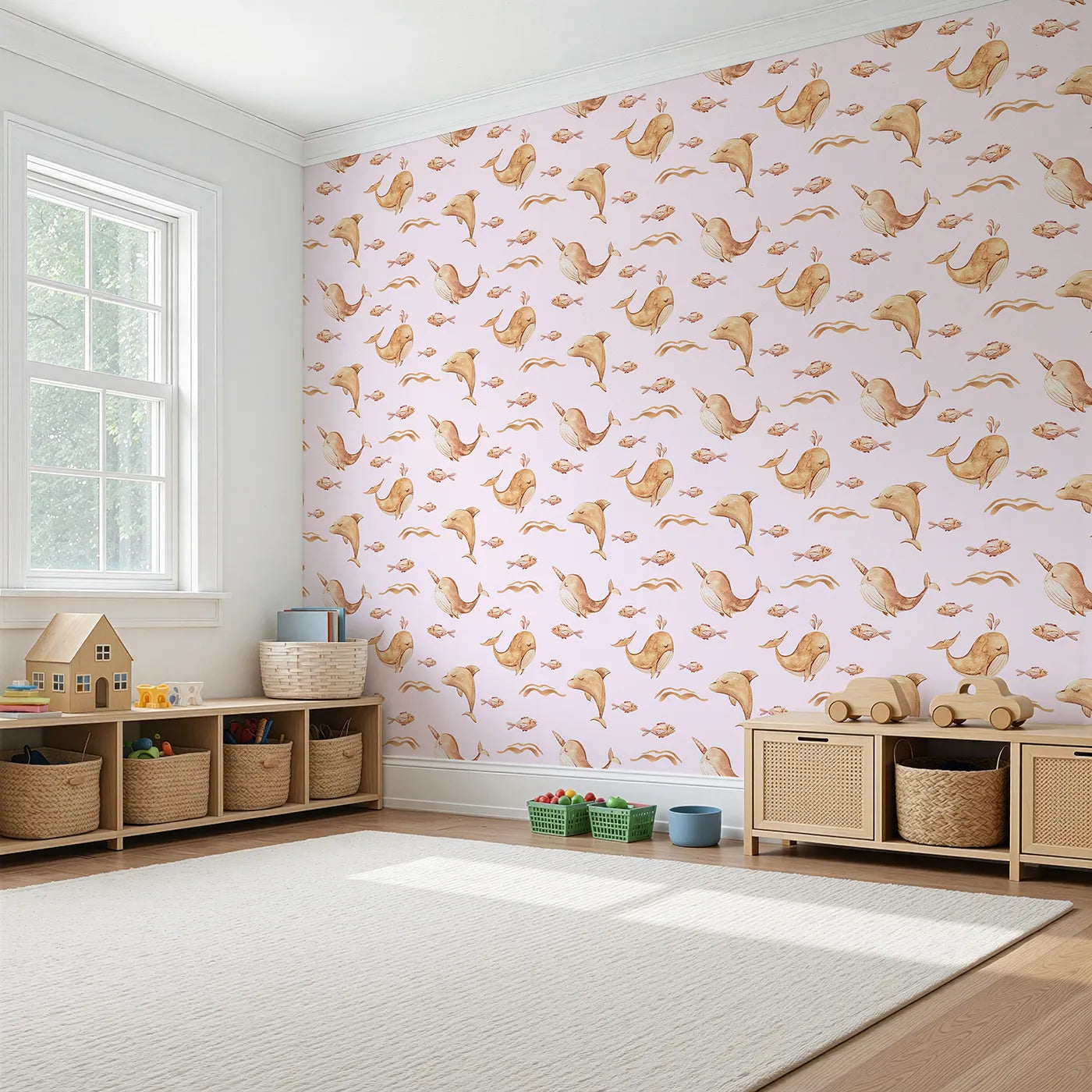 Angled view of Whimsy Tots' Blushing Ocean Friends Wallpaper in Blush Pink (W3395B).Whales, dolphins, and fish float gently through blush pink waters.