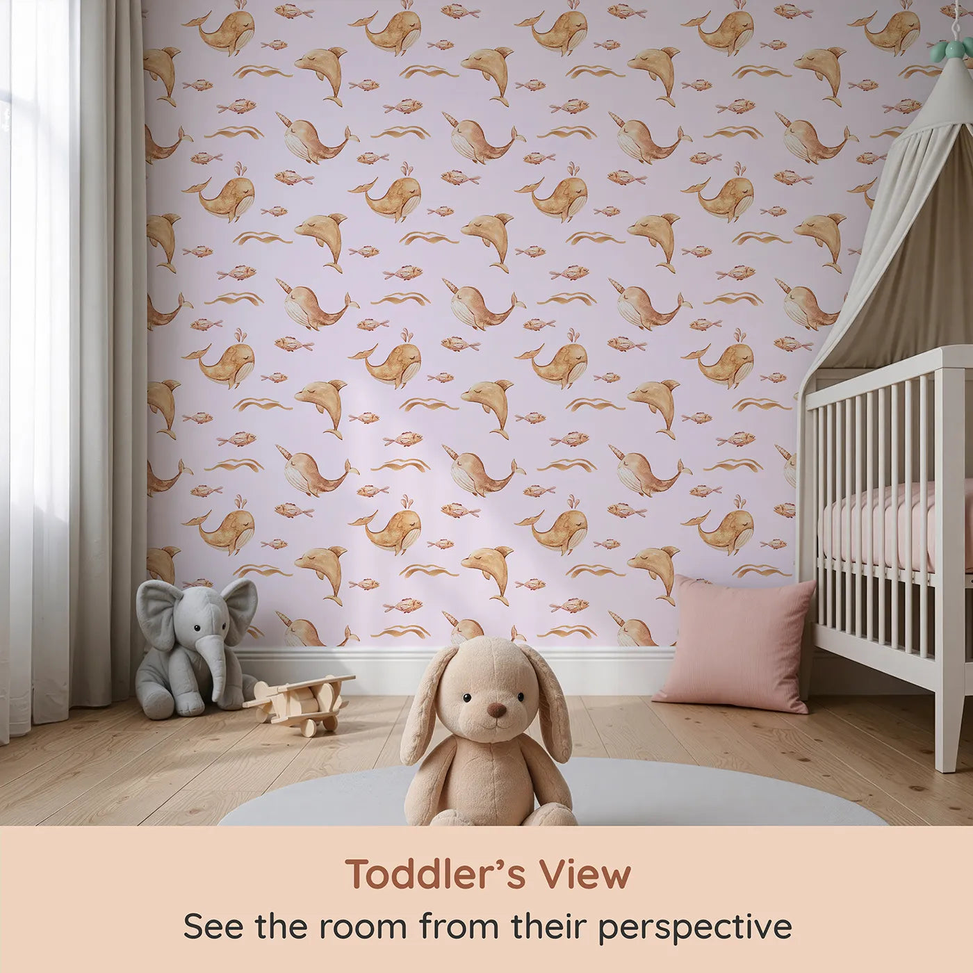 Whimsy Tots Blushing Ocean Friends Wallpaper in Blush Pink (W3395B) from your child's view.Whales, dolphins, and fish float gently through blush pink waters.