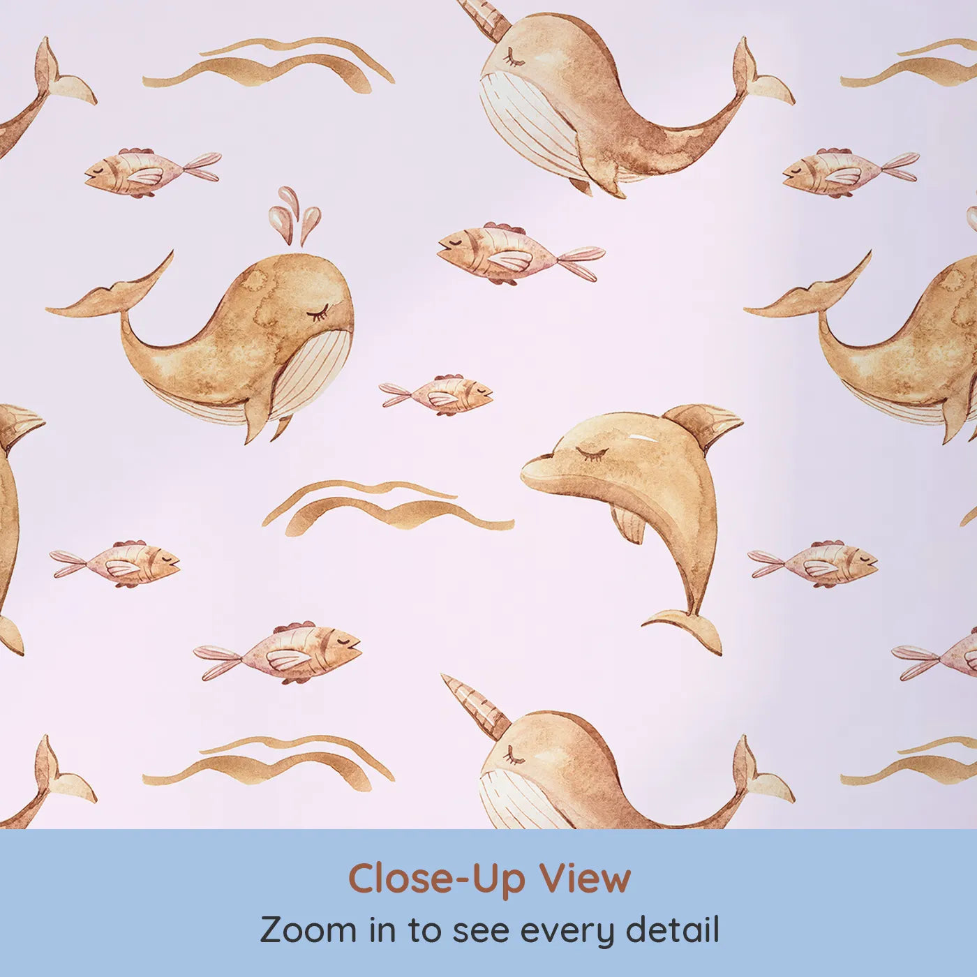 Close-up view of Whimsy Tots' Blushing Ocean Friends Wallpaper in Blush Pink (W3395B).Whales, dolphins, and fish float gently through blush pink waters.