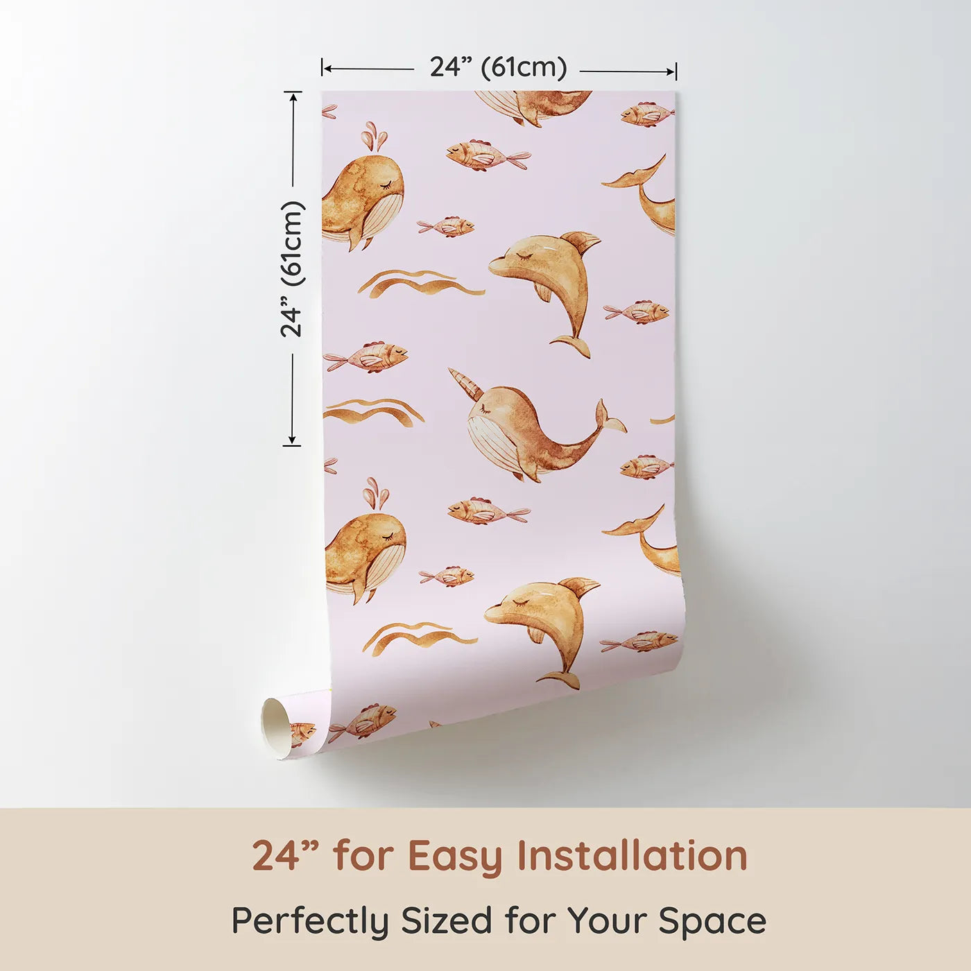 Dimension view of Whimsy Tots Blushing Ocean Friends Wallpaper in Blush Pink (W3395B). Printed in 24-inch-wide panel for easy installation. Whales, dolphins, and fish float gently through blush pink waters.