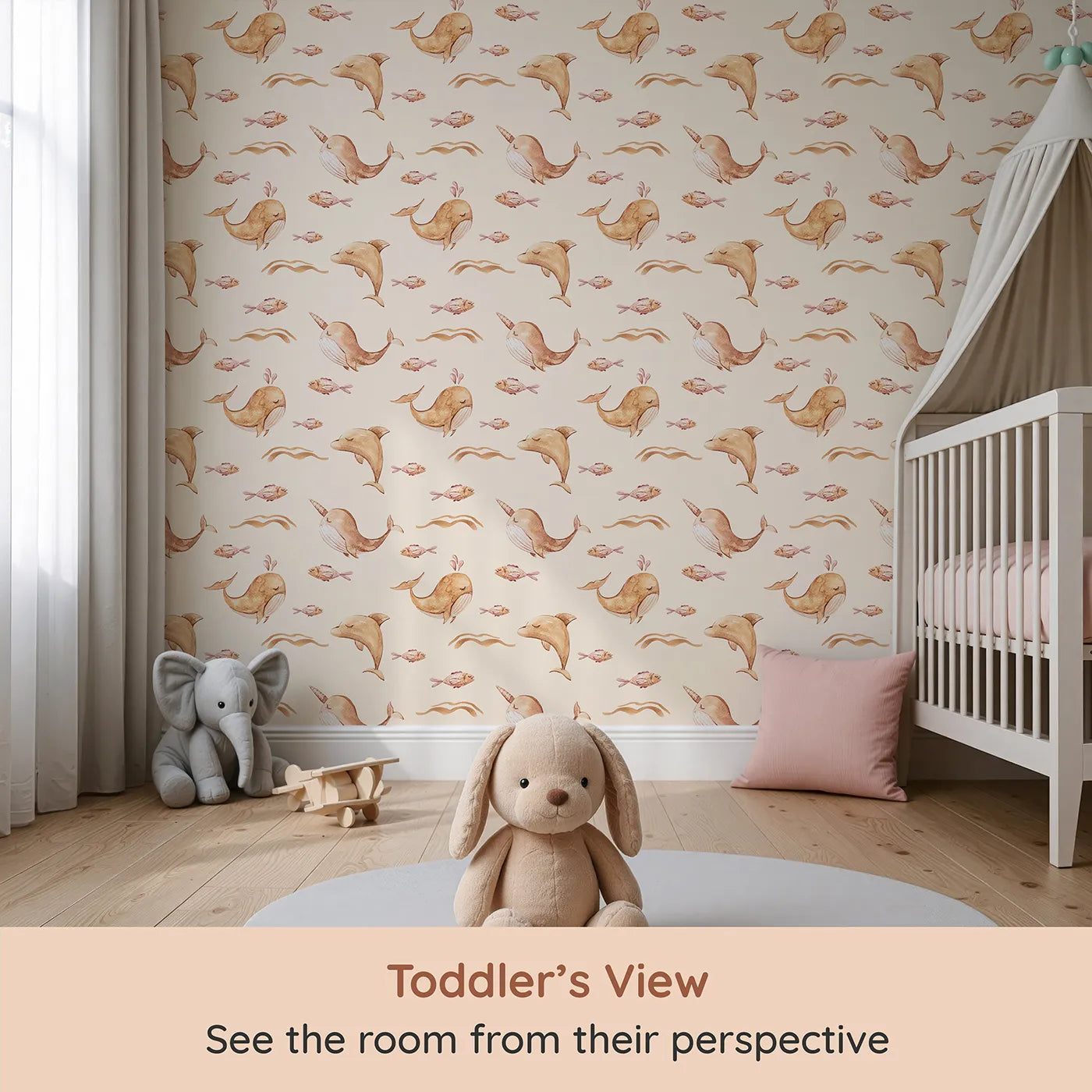 Whimsy Tots Blushing Ocean Friends Wallpaper in Cream (W3395C) from your child's view.Sleepy sea creatures drift peacefully across a warm cream sea.