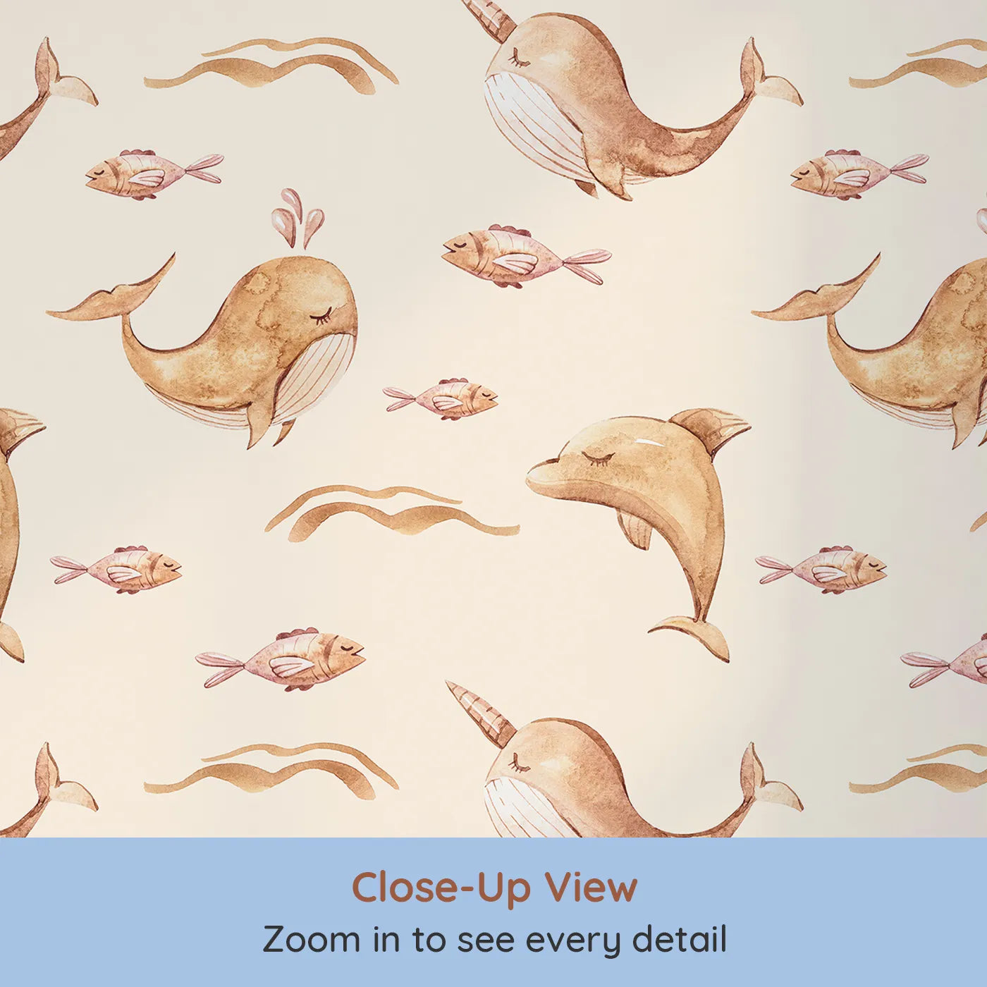 Close-up view of Whimsy Tots' Blushing Ocean Friends Wallpaper in Cream (W3395C).Sleepy sea creatures drift peacefully across a warm cream sea.