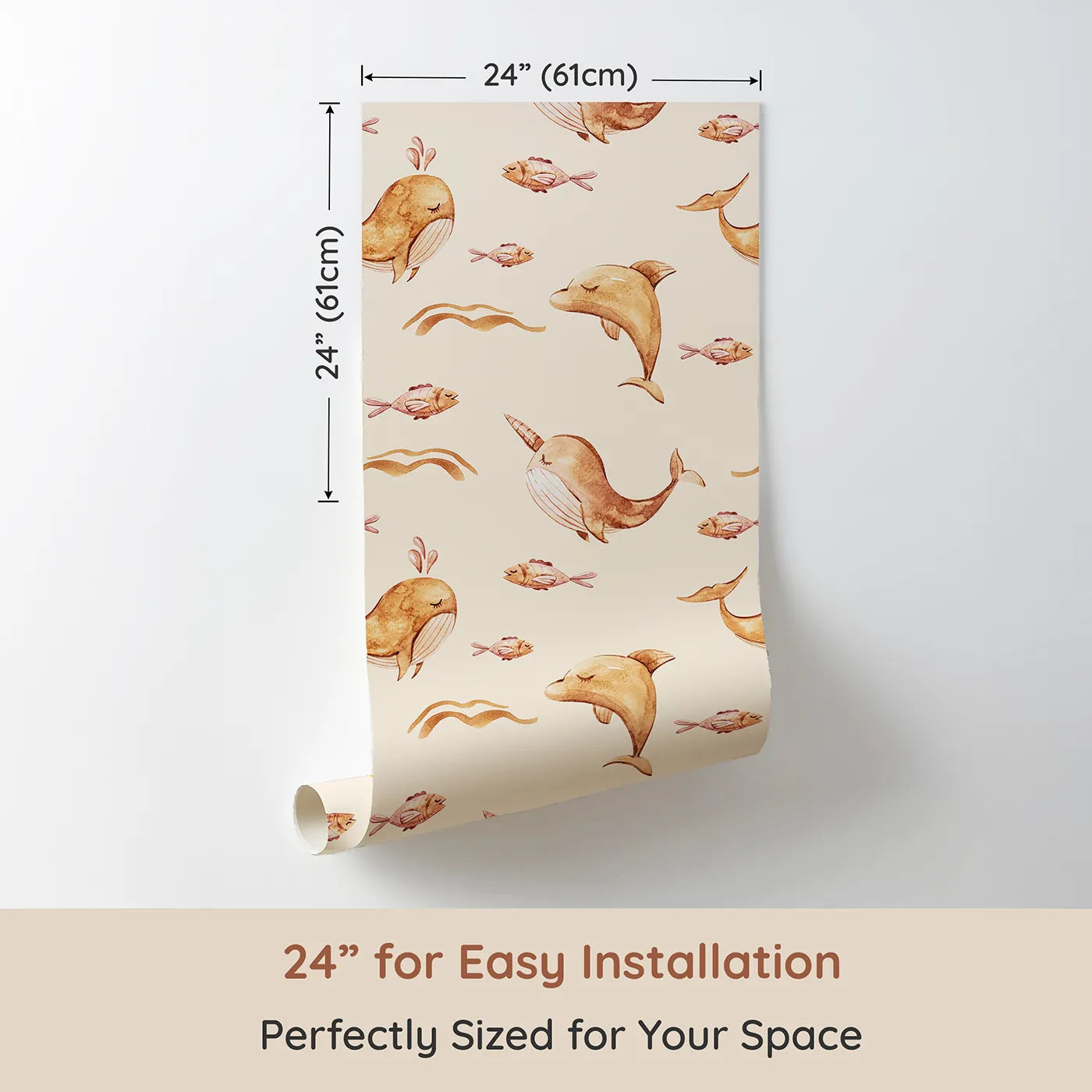 Dimension view of Whimsy Tots Blushing Ocean Friends Wallpaper in Cream (W3395C). Printed in 24-inch-wide panel for easy installation. Sleepy sea creatures drift peacefully across a warm cream sea.