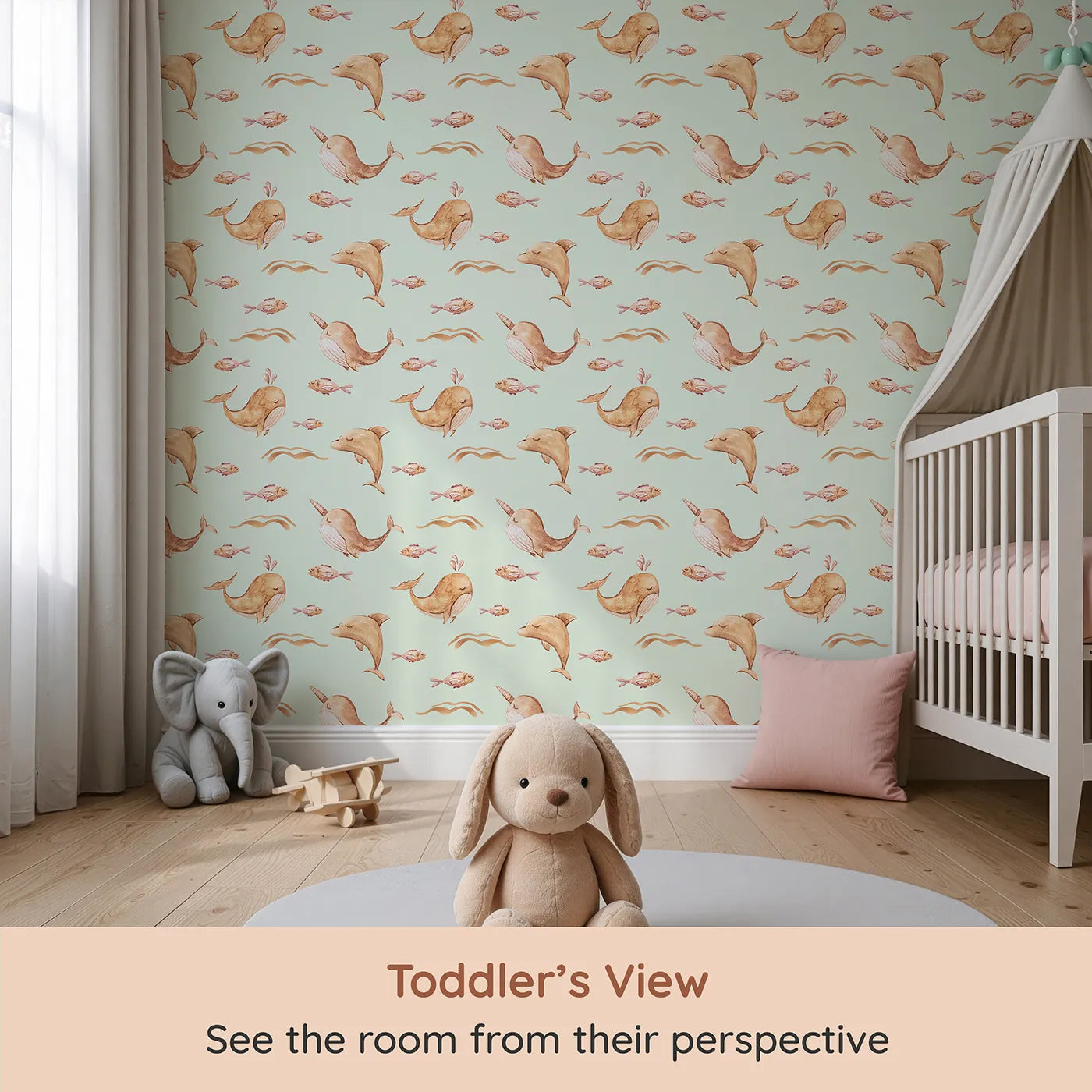 Whimsy Tots Blushing Ocean Friends Wallpaper in Mint Green (W3395D) from your child's view.Whales and dolphins float dreamily through soft mint waters.