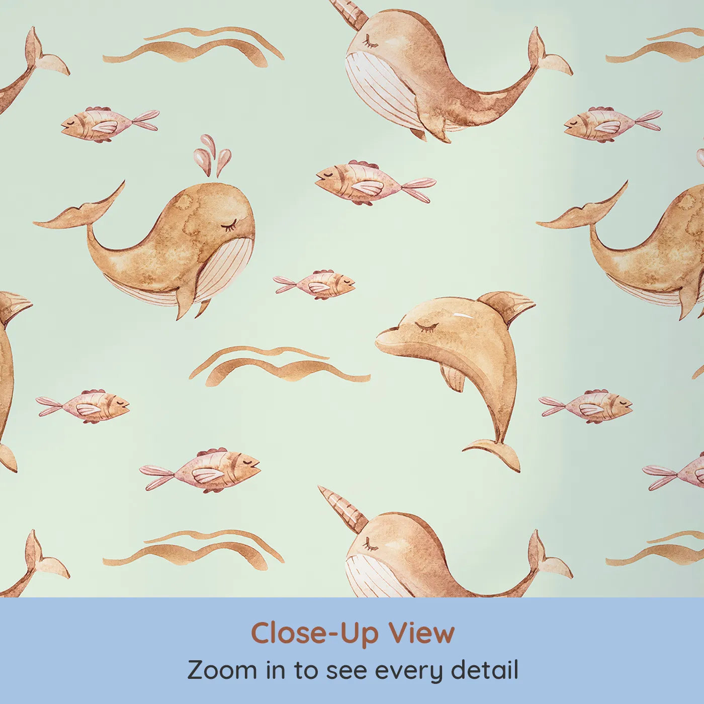 Close-up view of Whimsy Tots' Blushing Ocean Friends Wallpaper in Mint Green (W3395D).Whales and dolphins float dreamily through soft mint waters.