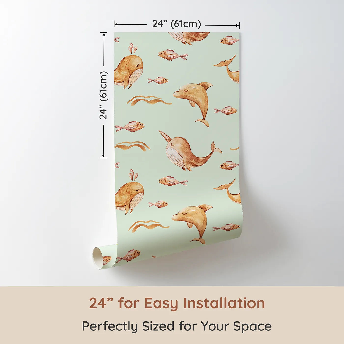 Dimension view of Whimsy Tots Blushing Ocean Friends Wallpaper in Mint Green (W3395D). Printed in 24-inch-wide panel for easy installation. Whales and dolphins float dreamily through soft mint waters.