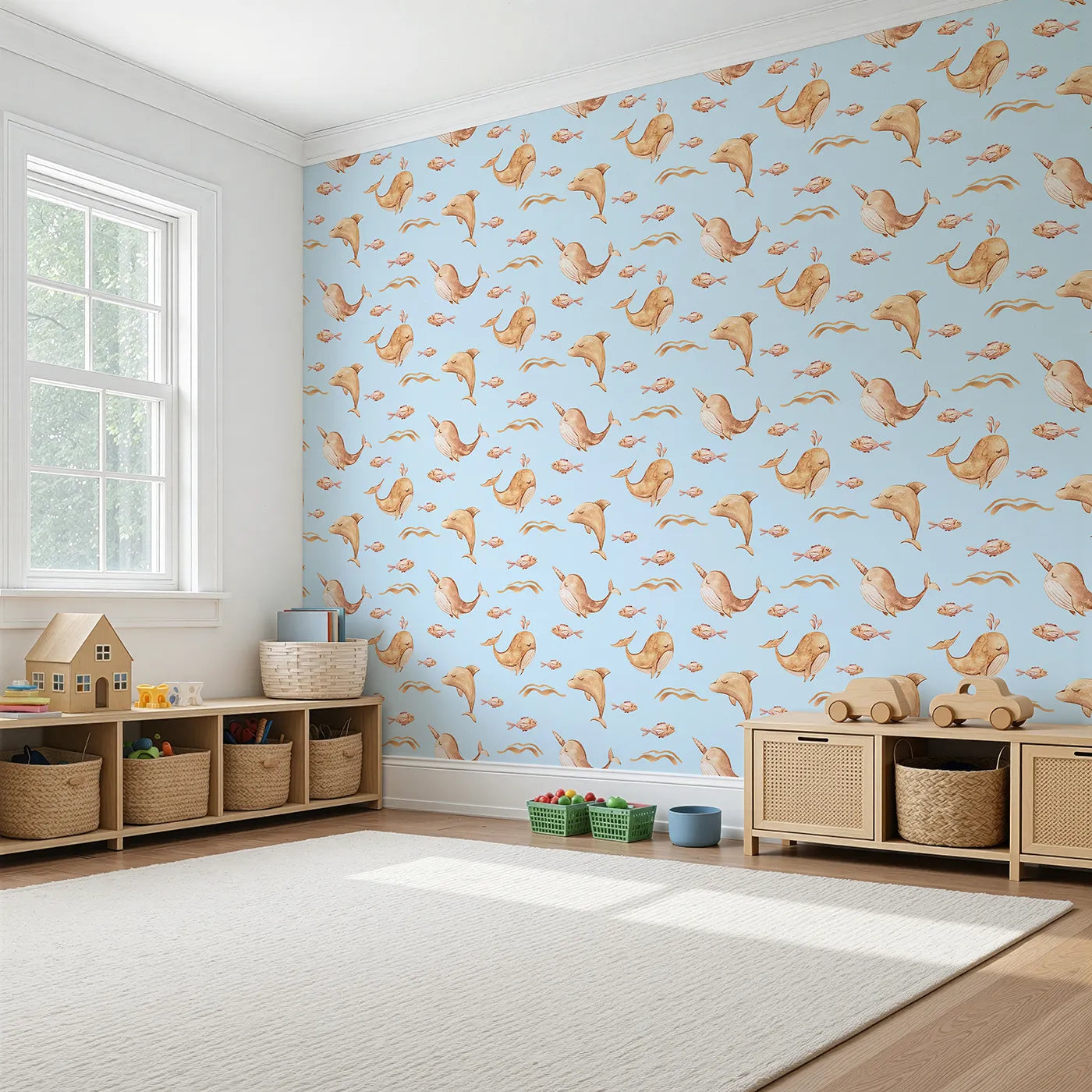 Angled view of Whimsy Tots' Blushing Ocean Friends Wallpaper in Blue (W3395E).Dolphins and narwhals float sweetly through soft blue seas.