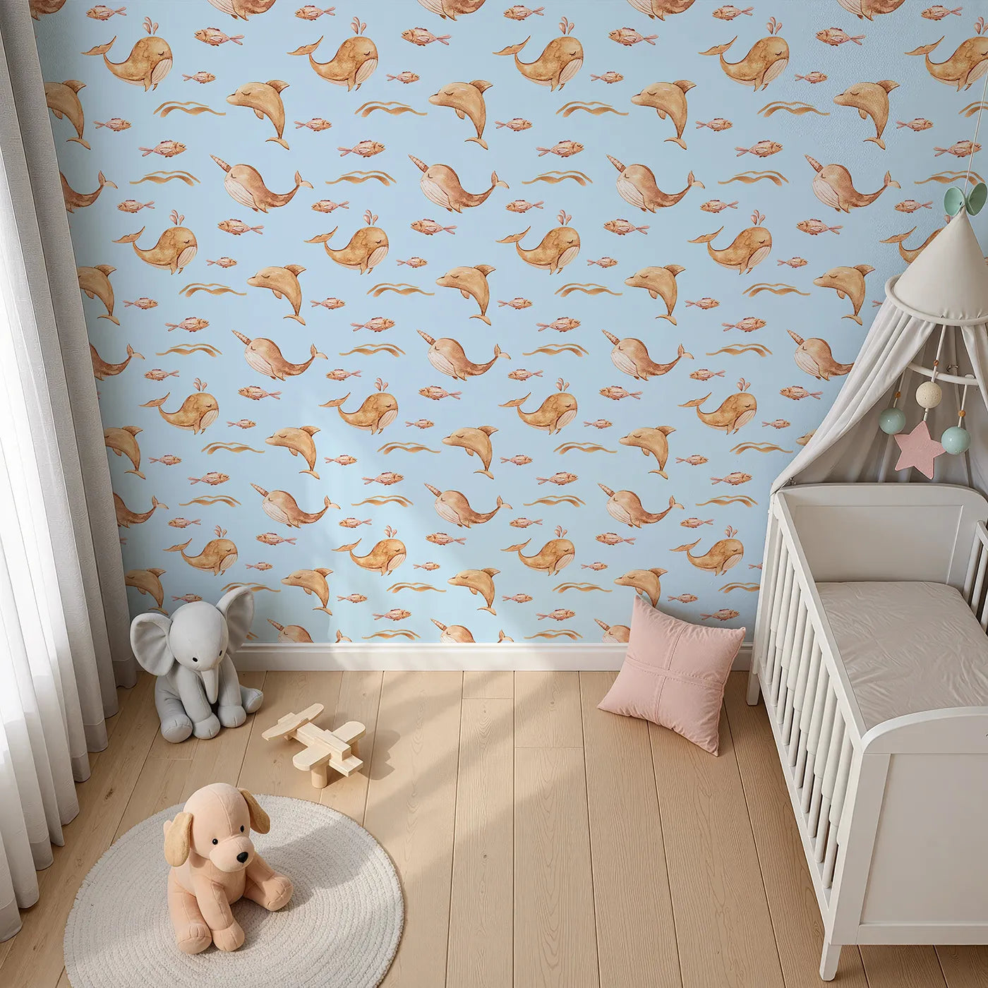 Top-Down view of Whimsy Tots' Blushing Ocean Friends Wallpaper in Blue (W3395E).Dolphins and narwhals float sweetly through soft blue seas.