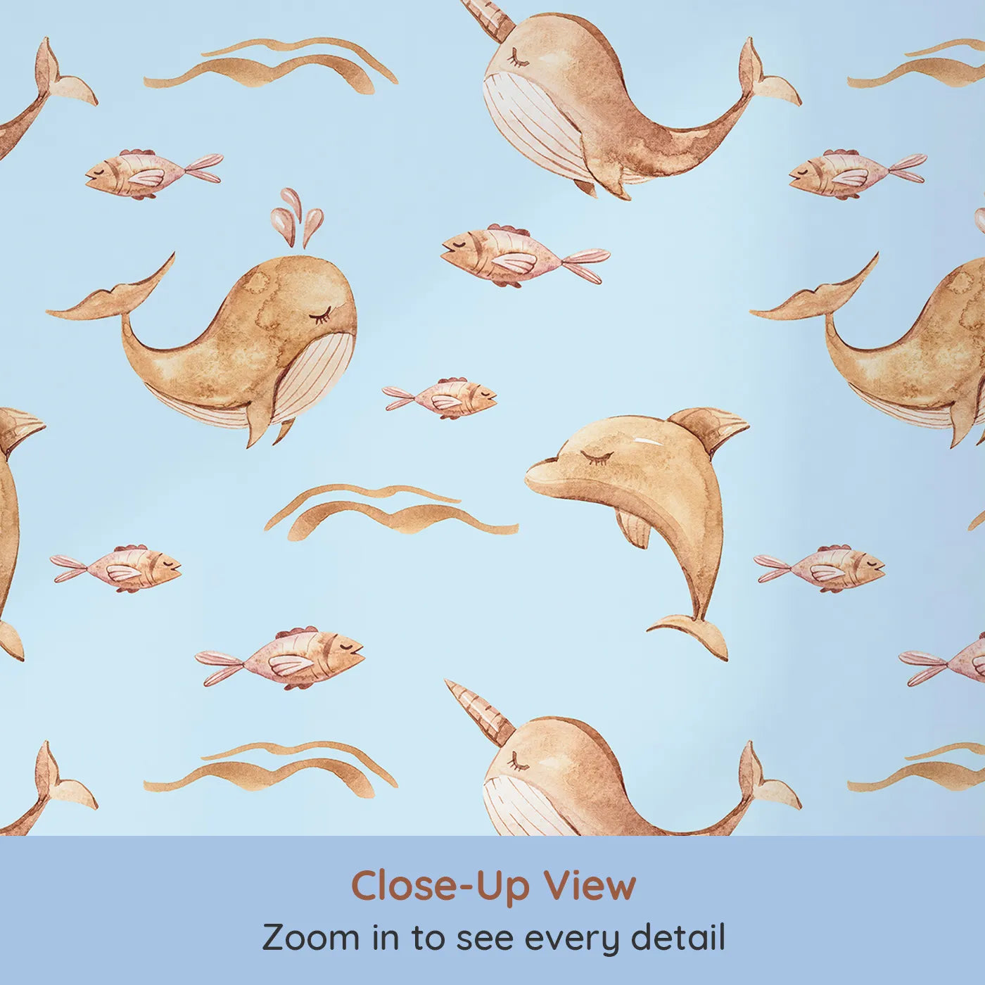 Close-up view of Whimsy Tots' Blushing Ocean Friends Wallpaper in Blue (W3395E).Dolphins and narwhals float sweetly through soft blue seas.