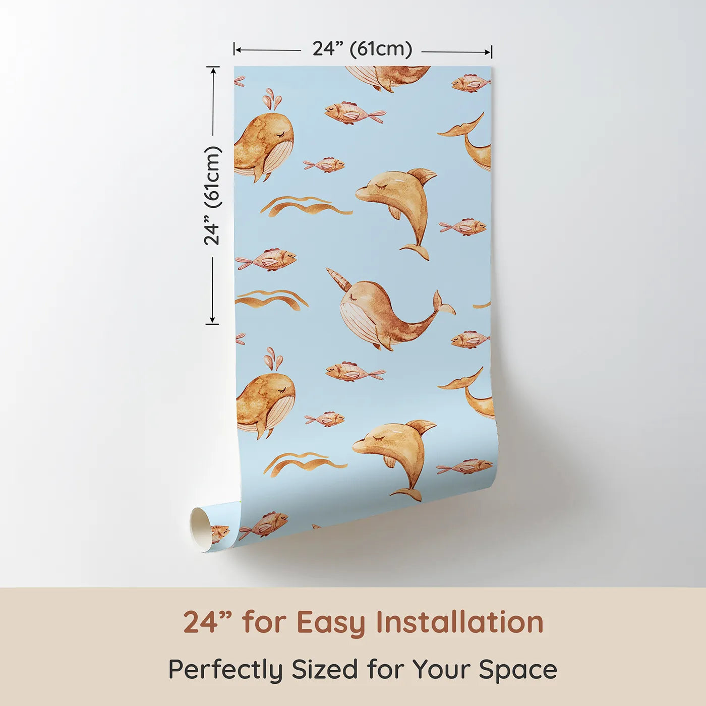 Dimension view of Whimsy Tots Blushing Ocean Friends Wallpaper in Blue (W3395E). Printed in 24-inch-wide panel for easy installation. Dolphins and narwhals float sweetly through soft blue seas.