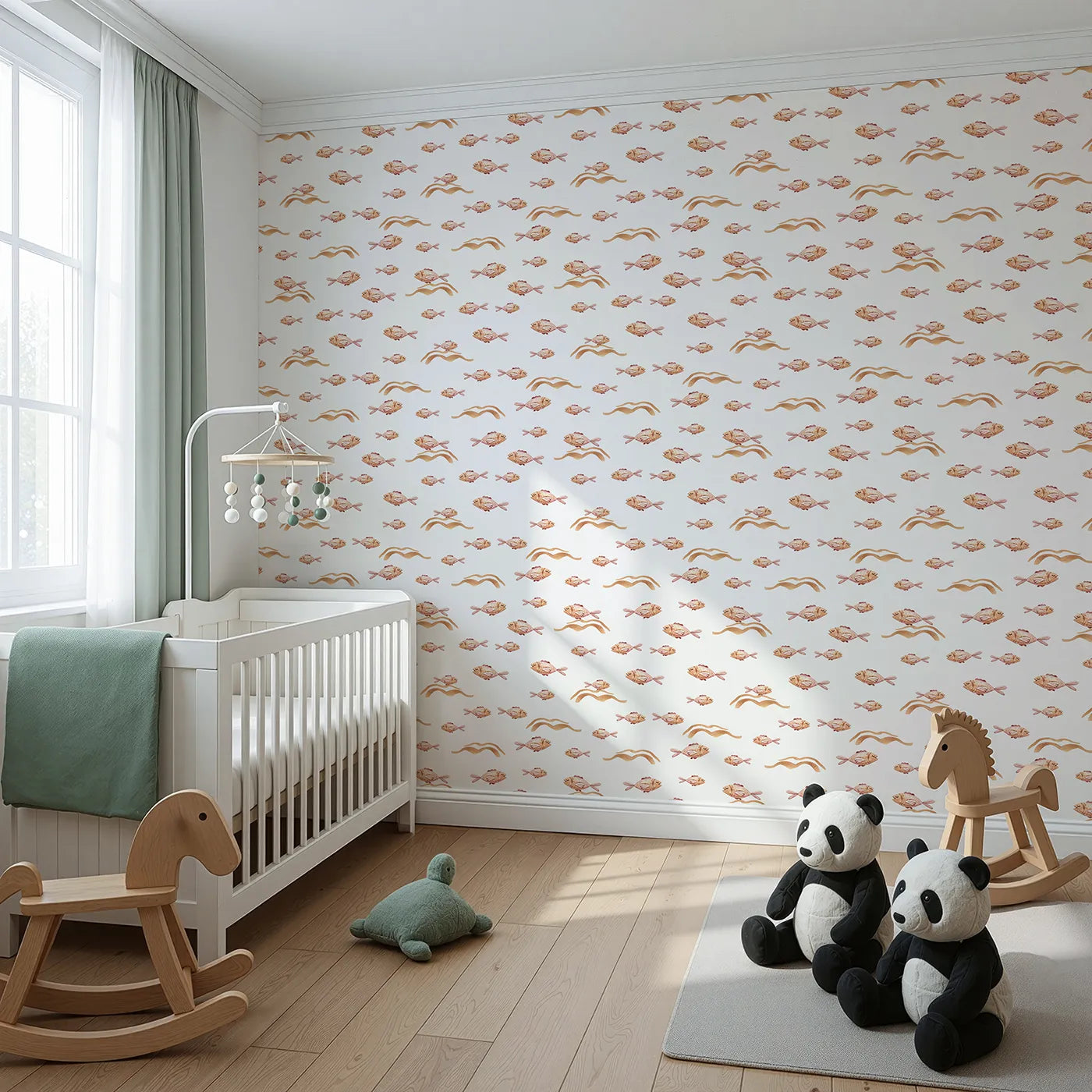 Angled view of Whimsy Tots' Sleepy Blush Fish Wallpaper in White (W3396A).Soft pink fish float sweetly across a calm white sea.