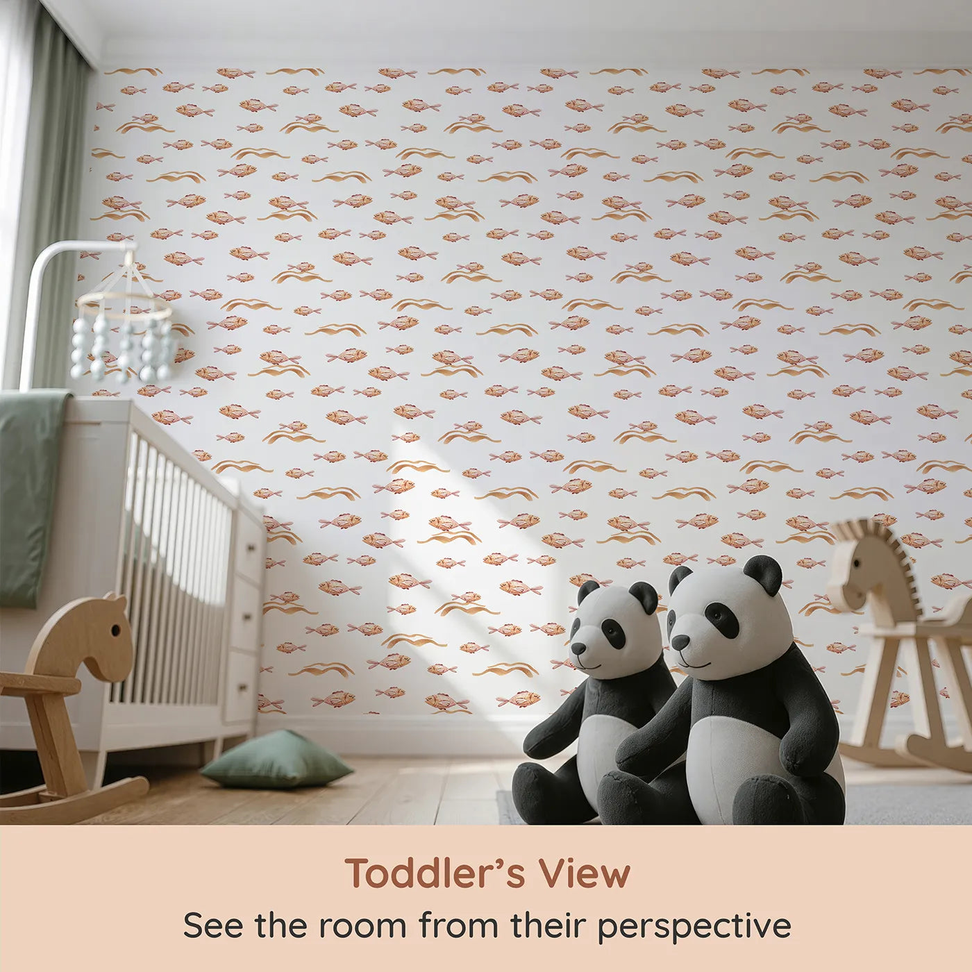 Whimsy Tots Sleepy Blush Fish Wallpaper in White (W3396A) from your child's view.Soft pink fish float sweetly across a calm white sea.