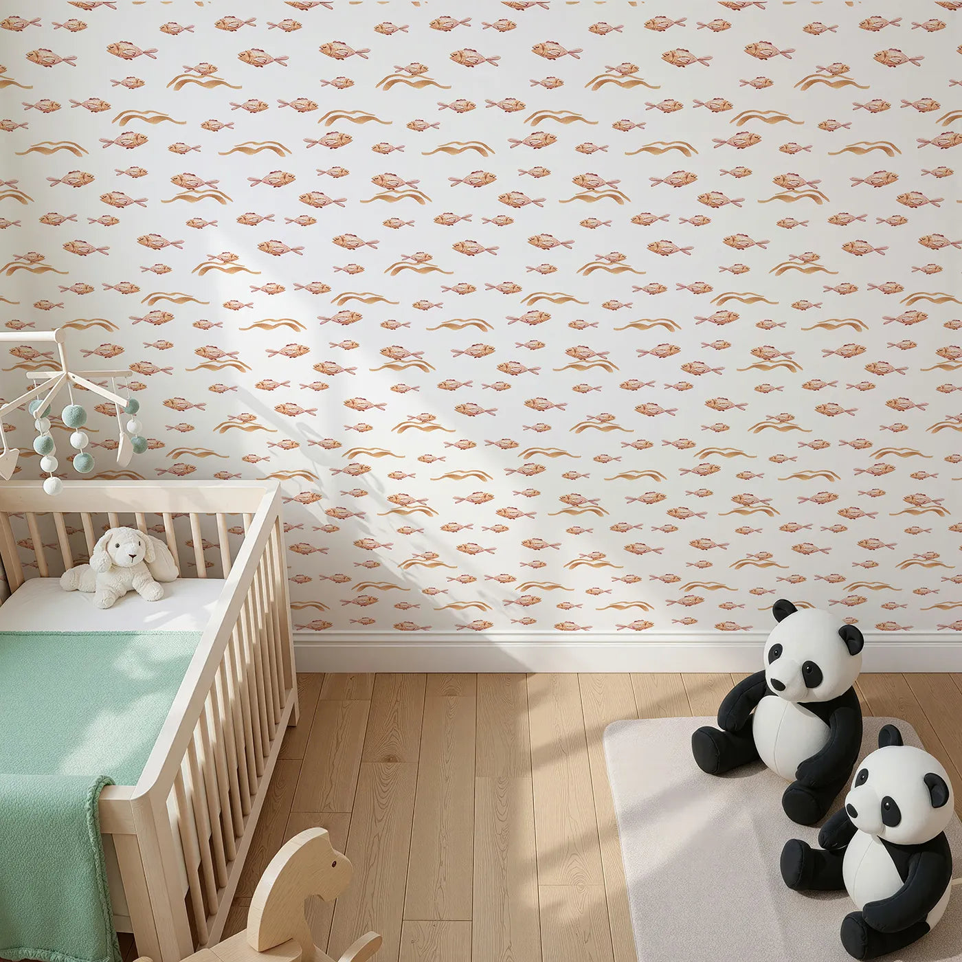Top-Down view of Whimsy Tots' Sleepy Blush Fish Wallpaper in White (W3396A).Soft pink fish float sweetly across a calm white sea.