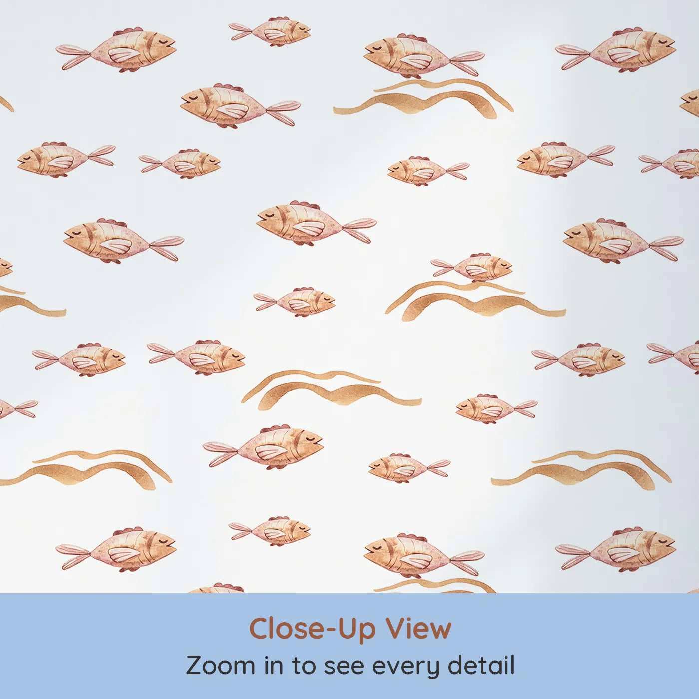 Close-up view of Whimsy Tots' Sleepy Blush Fish Wallpaper in White (W3396A).Soft pink fish float sweetly across a calm white sea.