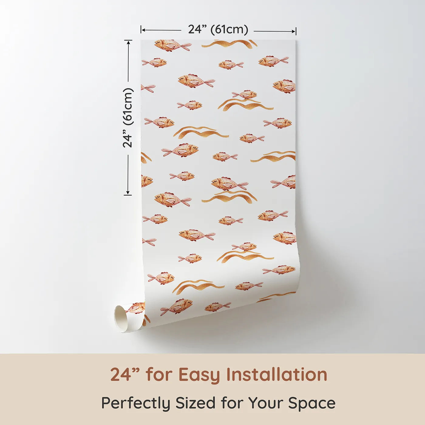 Dimension view of Whimsy Tots Sleepy Blush Fish Wallpaper in White (W3396A). Printed in 24-inch-wide panel for easy installation. Soft pink fish float sweetly across a calm white sea.