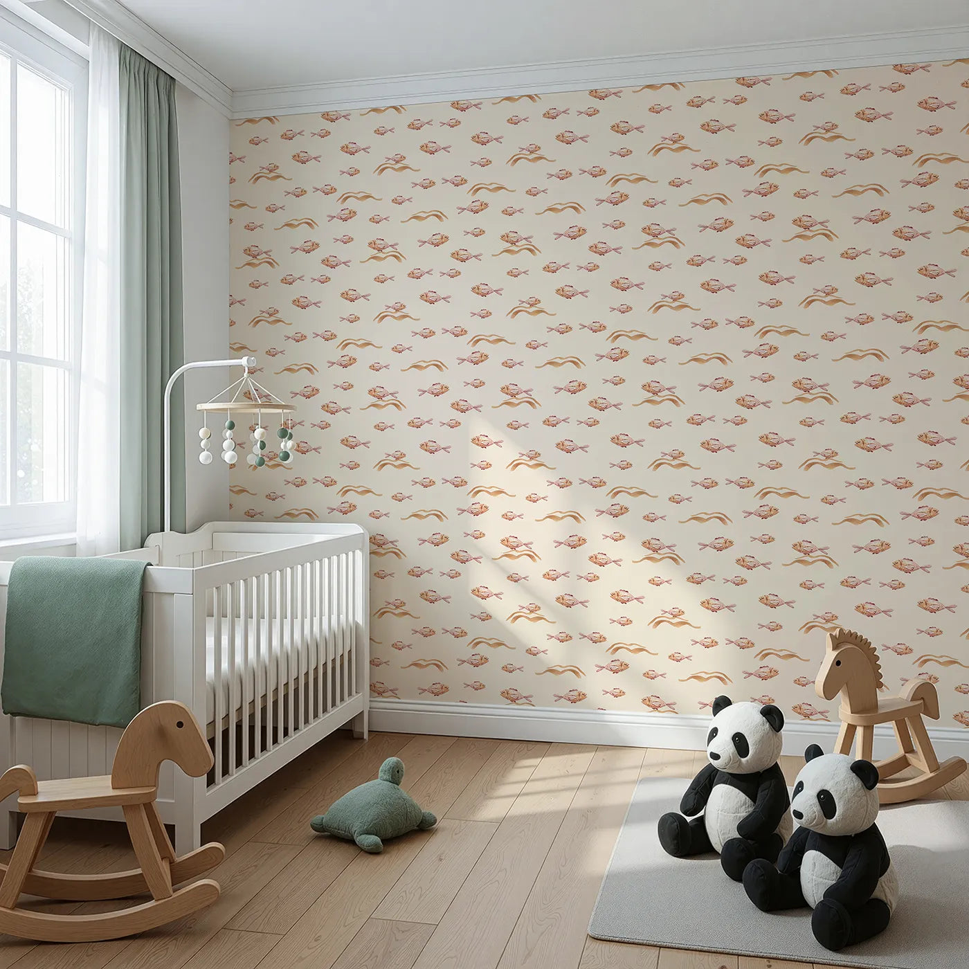 Angled view of Whimsy Tots' Sleepy Blush Fish Wallpaper in Cream (W3396C).Blush-toned fish drift softly through a creamy ocean breeze.
