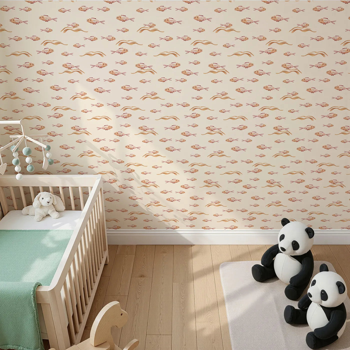 Top-Down view of Whimsy Tots' Sleepy Blush Fish Wallpaper in Cream (W3396C).Blush-toned fish drift softly through a creamy ocean breeze.