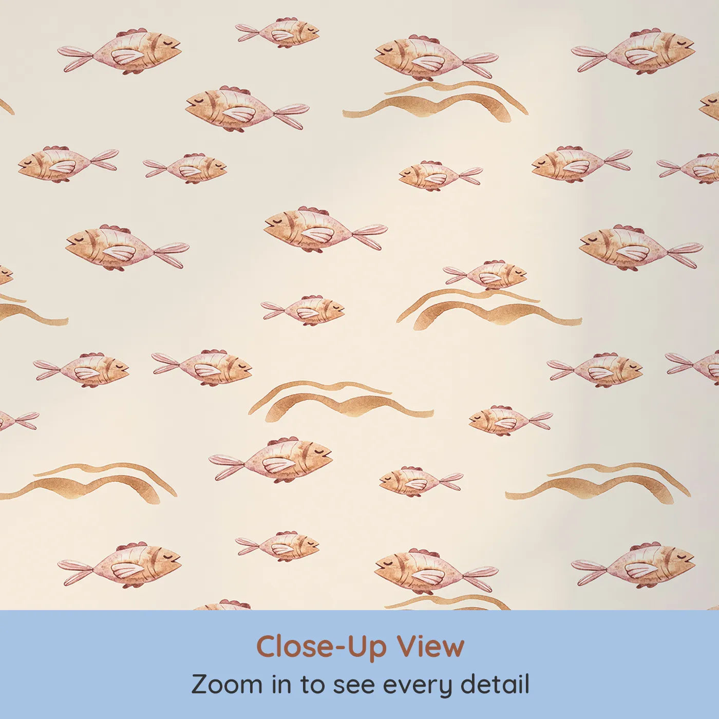 Close-up view of Whimsy Tots' Sleepy Blush Fish Wallpaper in Cream (W3396C).Blush-toned fish drift softly through a creamy ocean breeze.