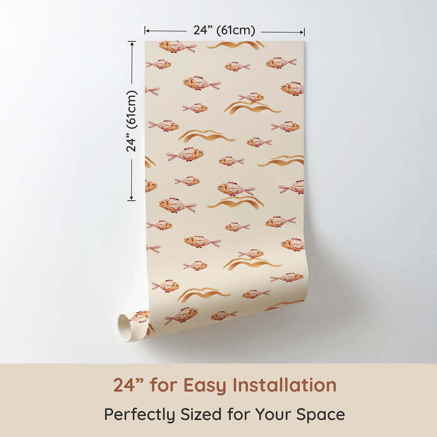 Dimension view of Whimsy Tots Sleepy Blush Fish Wallpaper in Cream (W3396C). Printed in 24-inch-wide panel for easy installation. Blush-toned fish drift softly through a creamy ocean breeze.