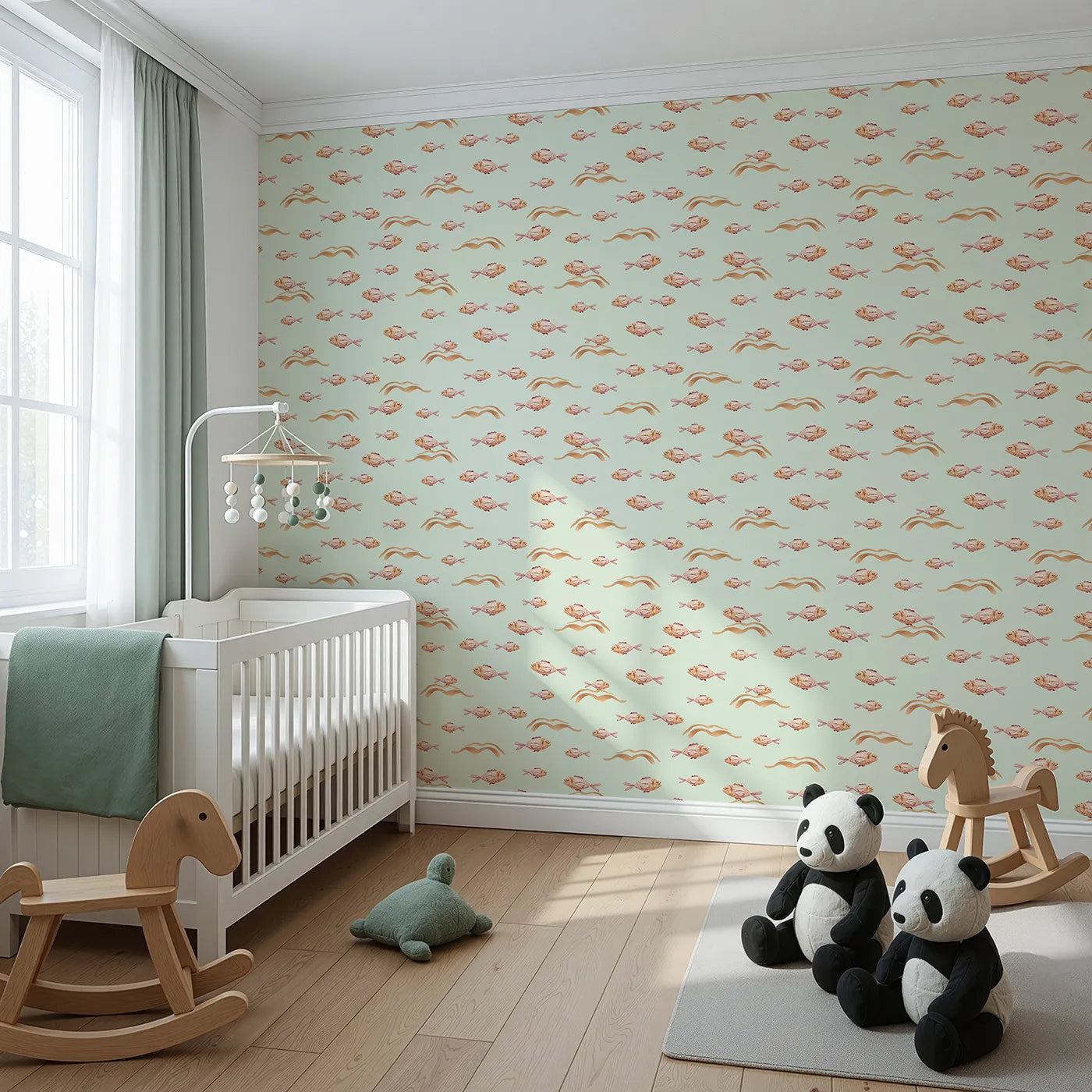 Angled view of Whimsy Tots' Sleepy Blush Fish Wallpaper in Mint Green (W3396D).Tiny pink fish flutter sweetly through minty green tides.