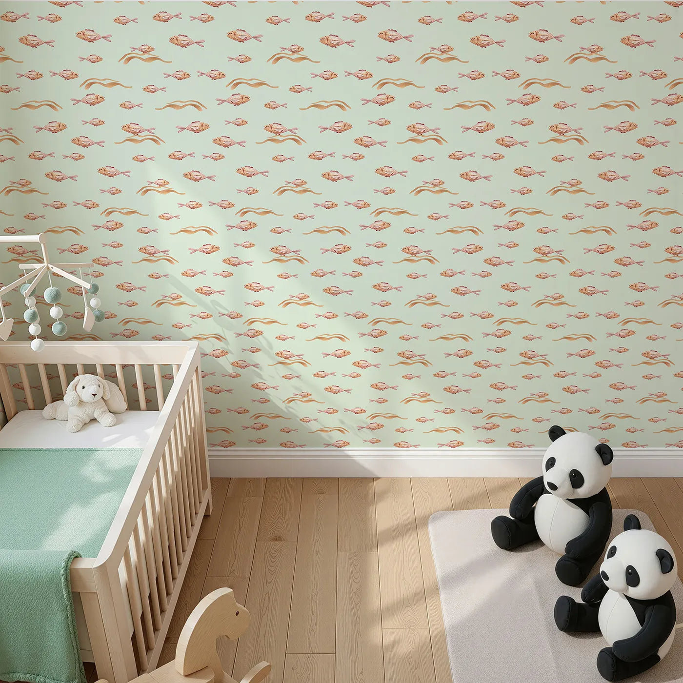 Top-Down view of Whimsy Tots' Sleepy Blush Fish Wallpaper in Mint Green (W3396D).Tiny pink fish flutter sweetly through minty green tides.
