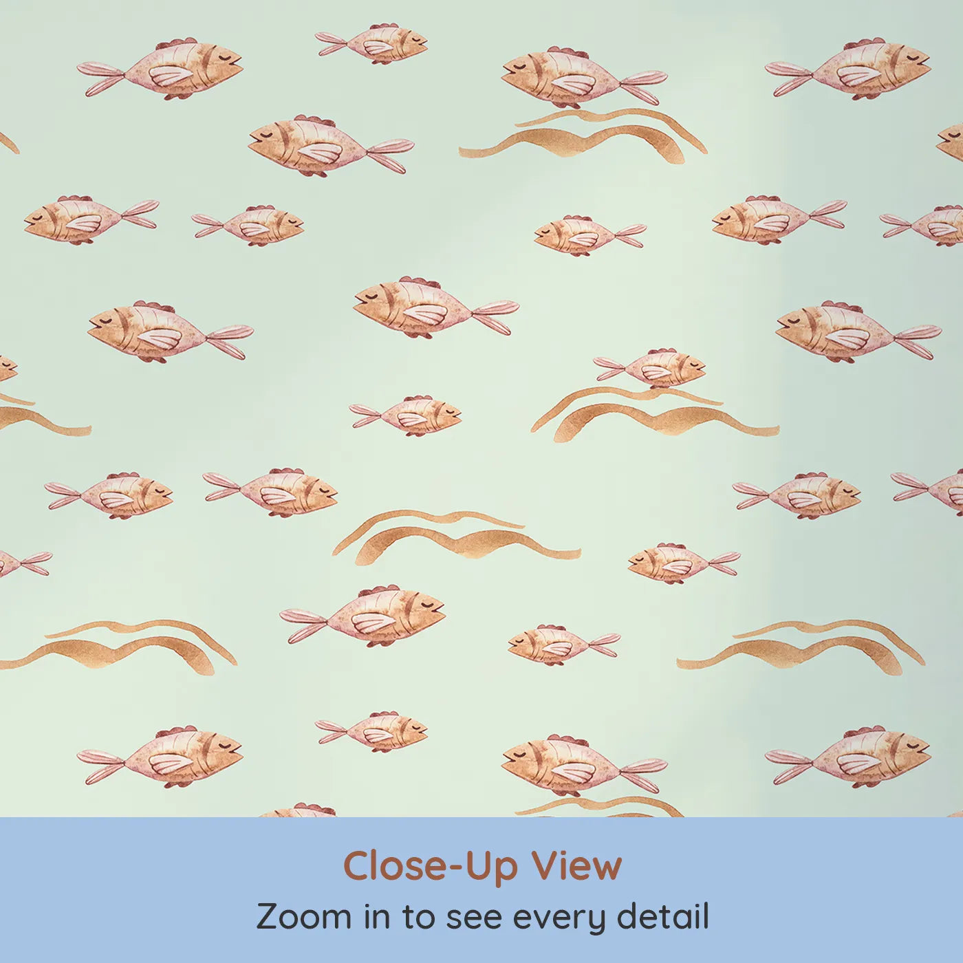 Close-up view of Whimsy Tots' Sleepy Blush Fish Wallpaper in Mint Green (W3396D).Tiny pink fish flutter sweetly through minty green tides.