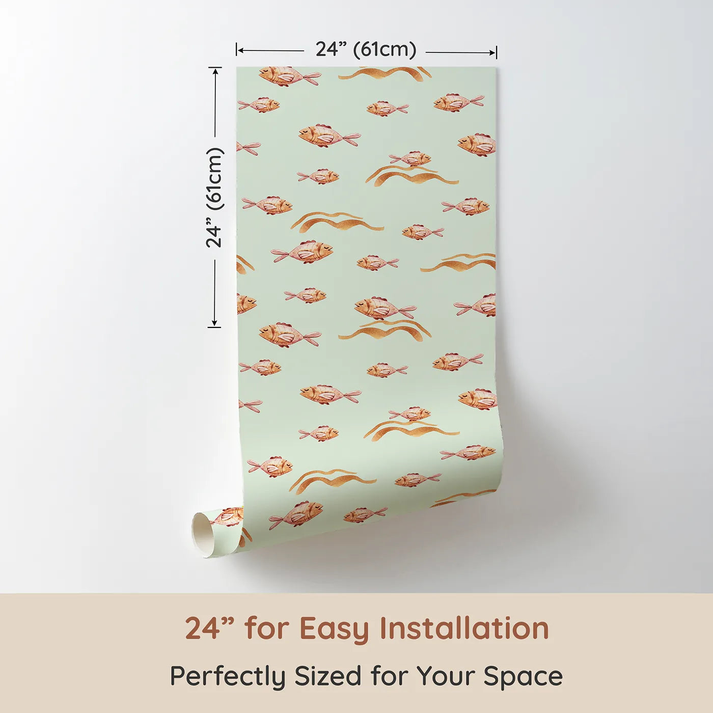 Dimension view of Whimsy Tots Sleepy Blush Fish Wallpaper in Mint Green (W3396D). Printed in 24-inch-wide panel for easy installation. Tiny pink fish flutter sweetly through minty green tides.