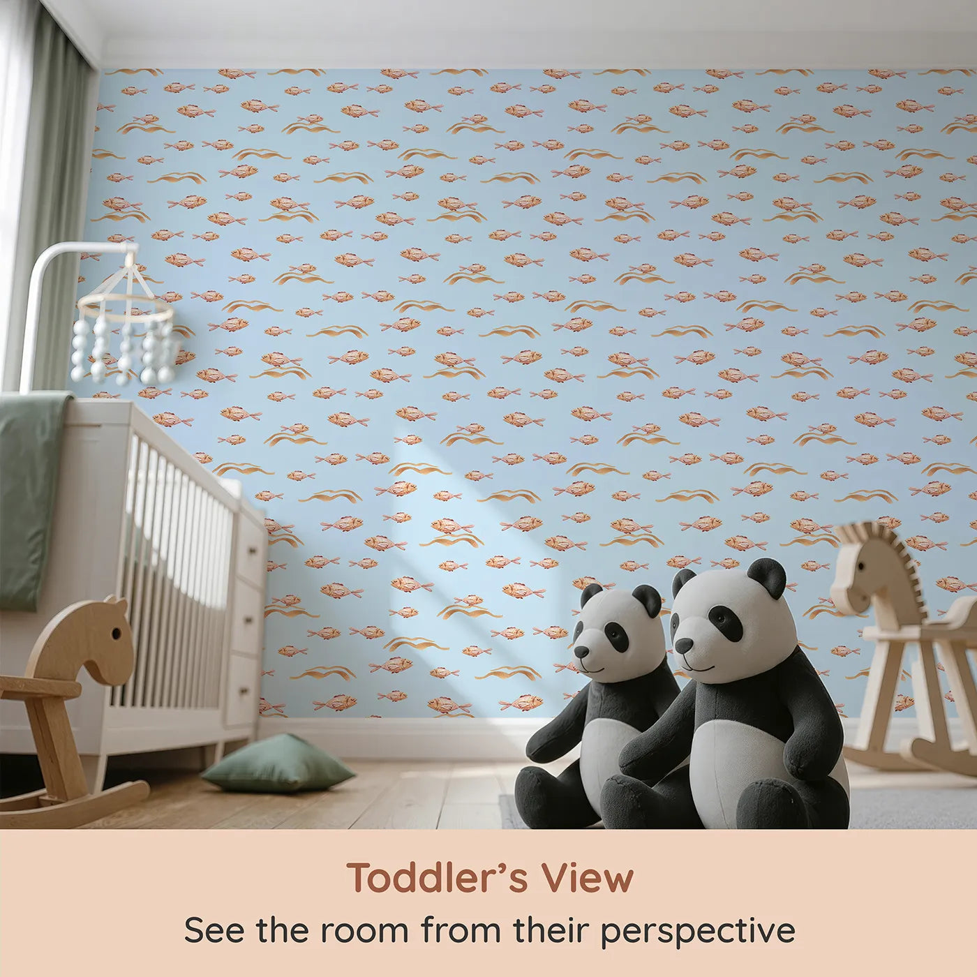 Whimsy Tots Sleepy Blush Fish Wallpaper in Blue (W3396E) from your child's view.Blush-toned fish swim peacefully through blue waters.