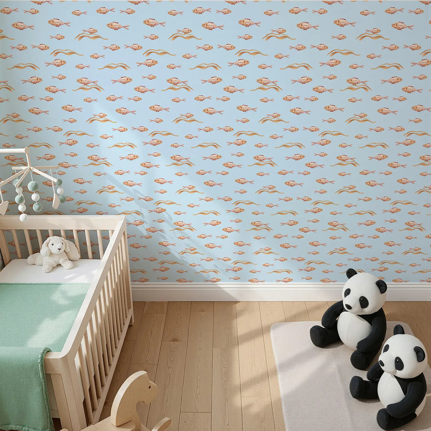 Top-Down view of Whimsy Tots' Sleepy Blush Fish Wallpaper in Blue (W3396E).Blush-toned fish swim peacefully through blue waters.