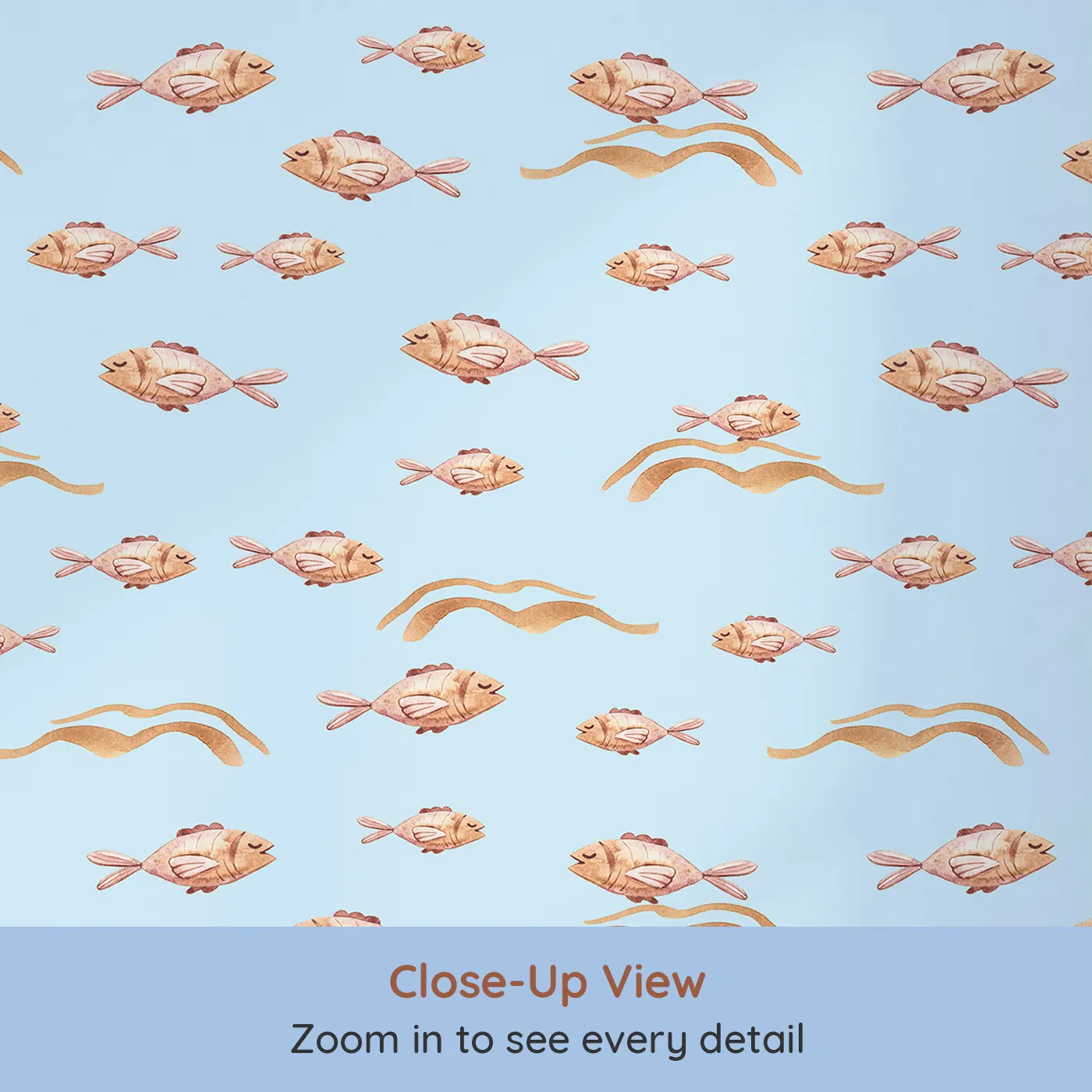 Close-up view of Whimsy Tots' Sleepy Blush Fish Wallpaper in Blue (W3396E).Blush-toned fish swim peacefully through blue waters.