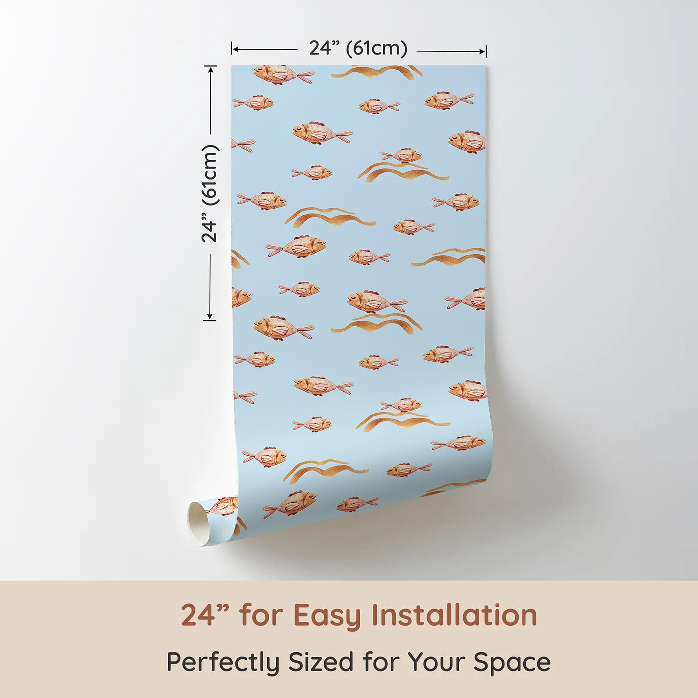 Dimension view of Whimsy Tots Sleepy Blush Fish Wallpaper in Blue (W3396E). Printed in 24-inch-wide panel for easy installation. Blush-toned fish swim peacefully through blue waters.