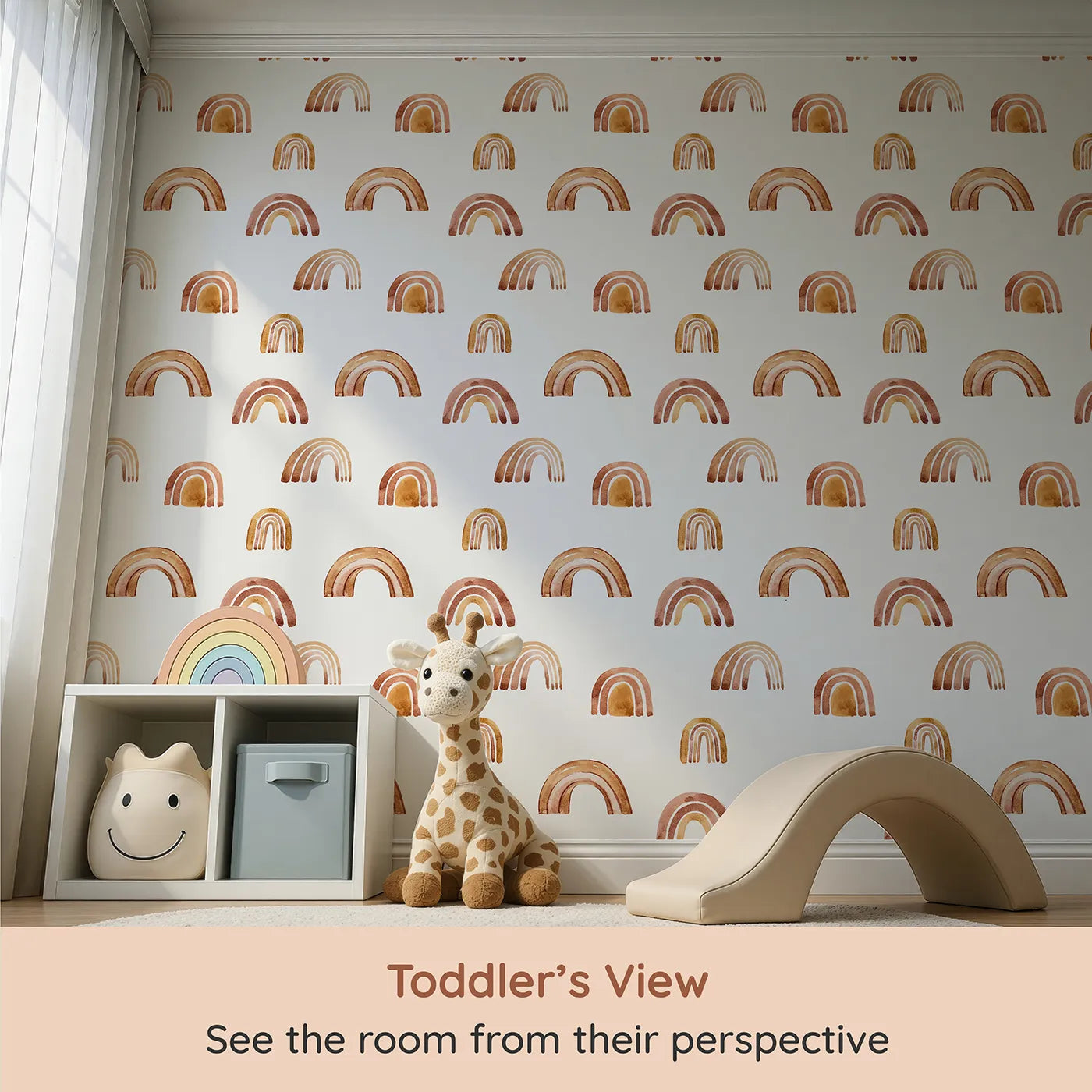 Whimsy Tots Boho Brush Rainbow Wallpaper in White (W3398A) from your child's view.Warm-toned arches dance across a calm white sky.