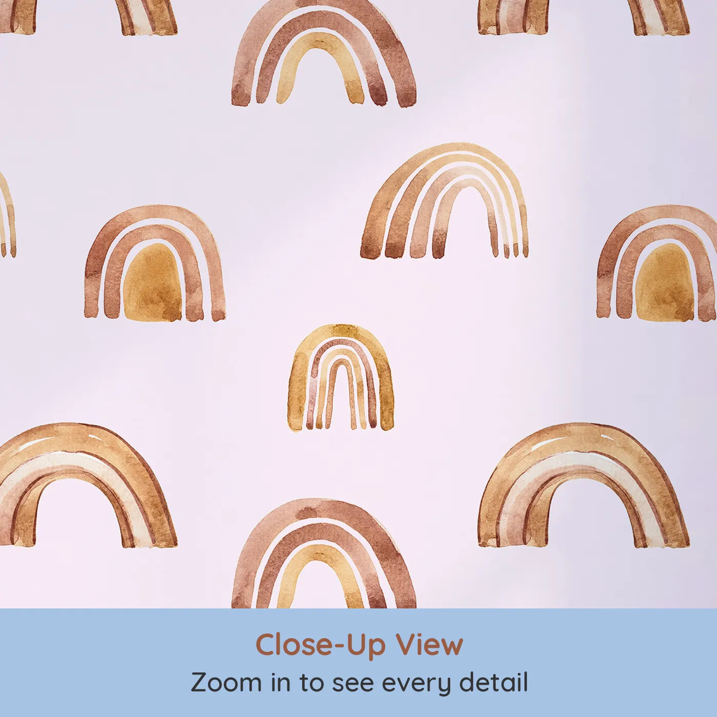 Close-up view of Whimsy Tots' Boho Brush Rainbow Wallpaper in Pink (W3398B).Earthy rainbows float across a rosy pink sky.