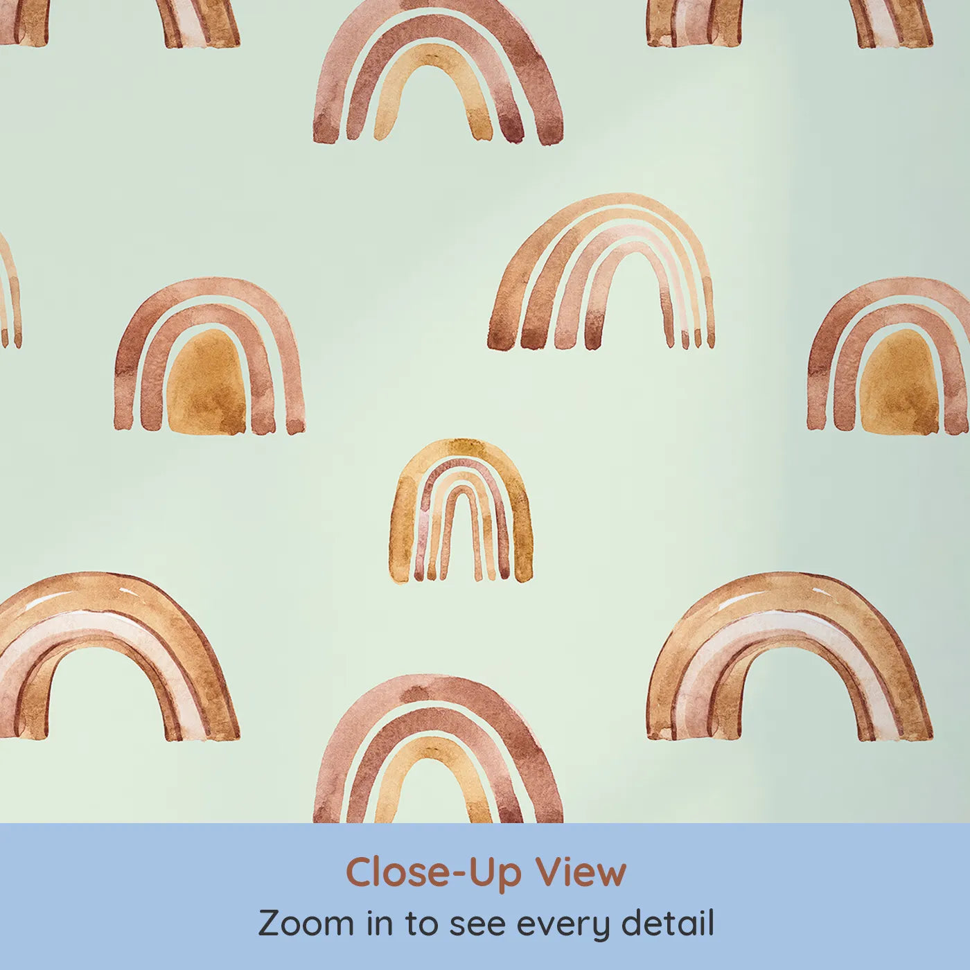 Close-up view of Whimsy Tots' Boho Brush Rainbow Wallpaper in Mint Green (W3398D).Warm arches float peacefully over a pale mint green sky.