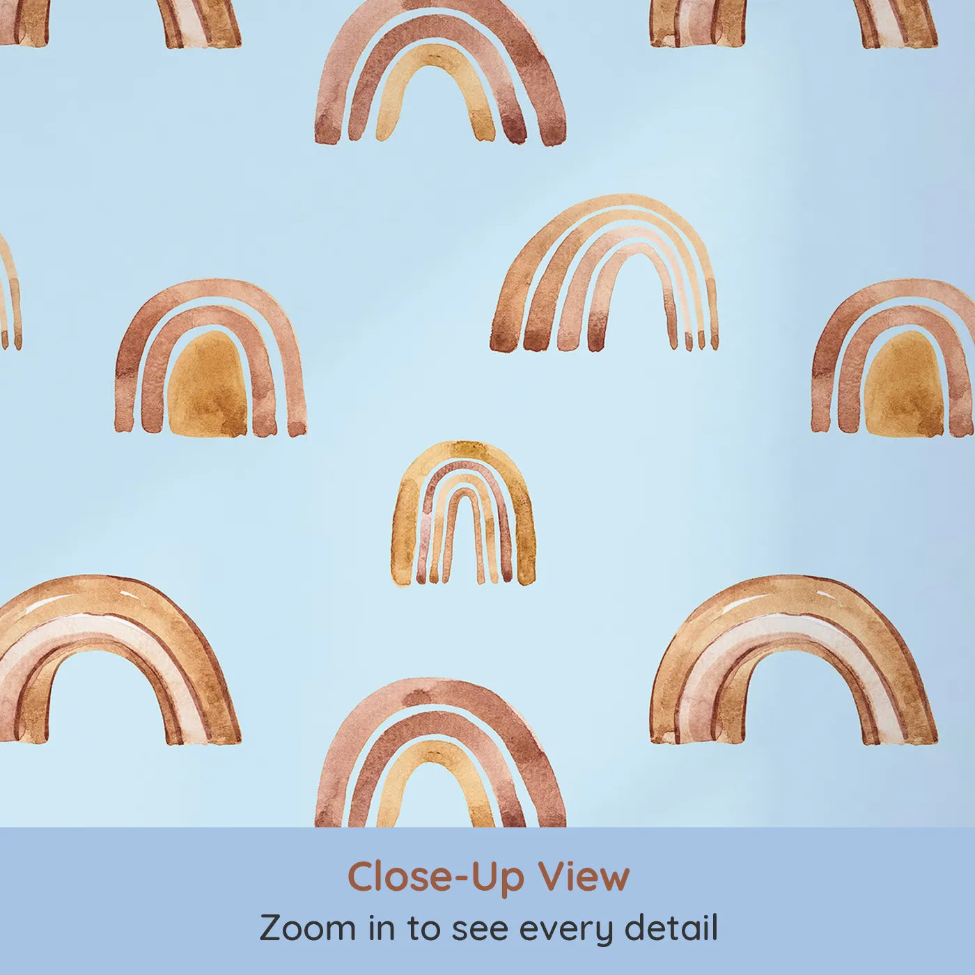 Close-up view of Whimsy Tots' Boho Brush Rainbow Wallpaper in Blue (W3398E).Warm watercolor arches drift across a soft baby blue sky.
