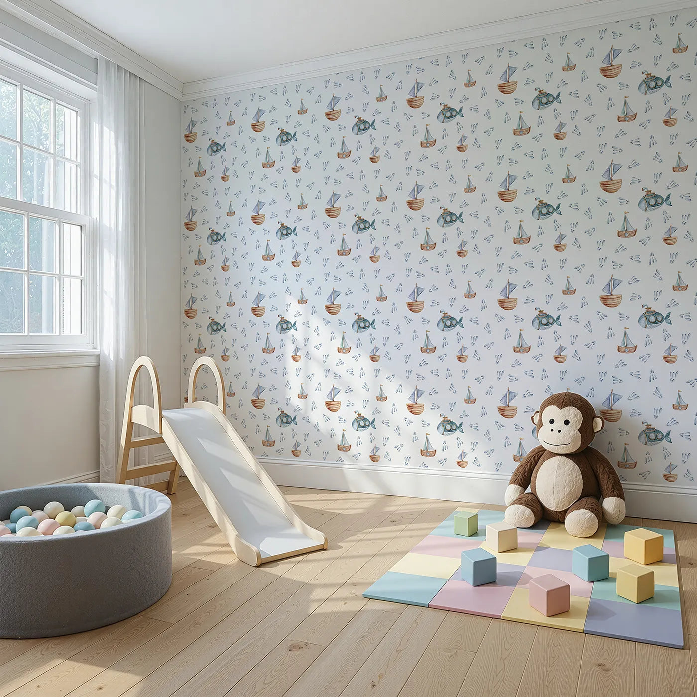 Angled view of Whimsy Tots' Seaside Vessel Parade Wallpaper in White (W3399A).Submarines and sailboats drift through playful ocean sprays.