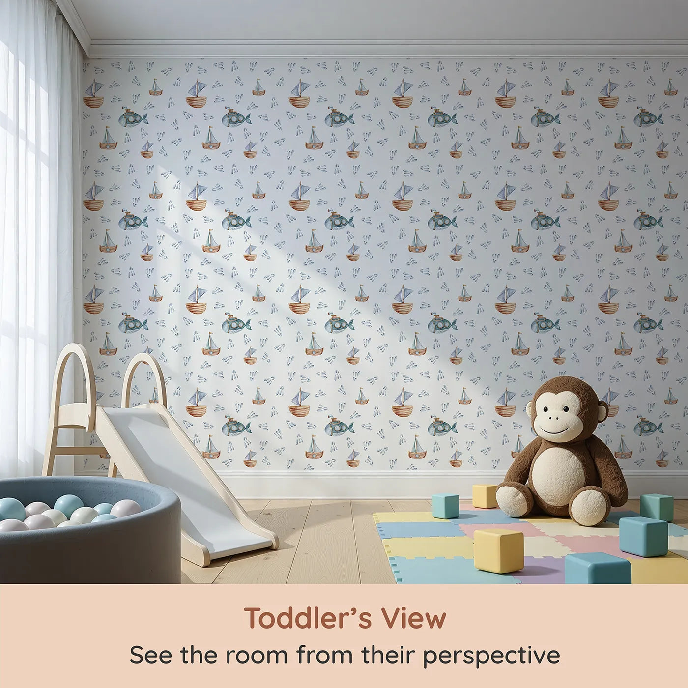 Whimsy Tots Seaside Vessel Parade Wallpaper in White (W3399A) from your child's view.Submarines and sailboats drift through playful ocean sprays.