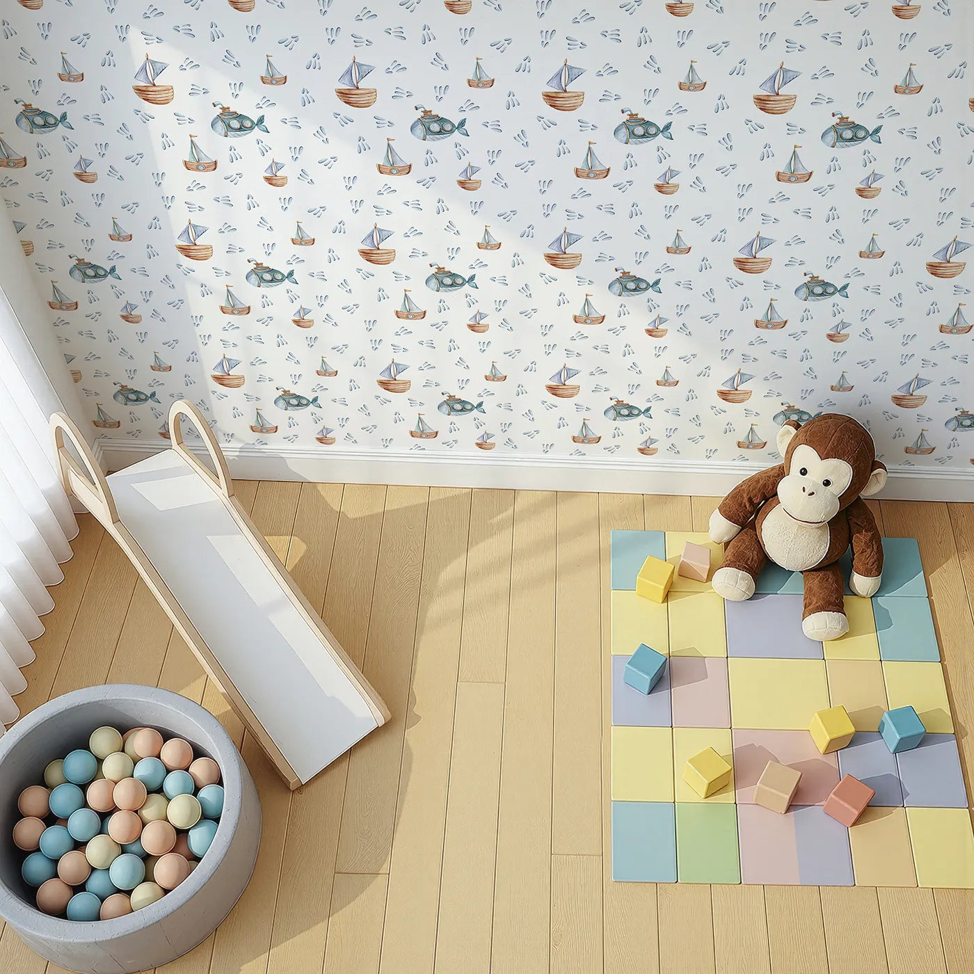 Top-Down view of Whimsy Tots' Seaside Vessel Parade Wallpaper in White (W3399A).Submarines and sailboats drift through playful ocean sprays.