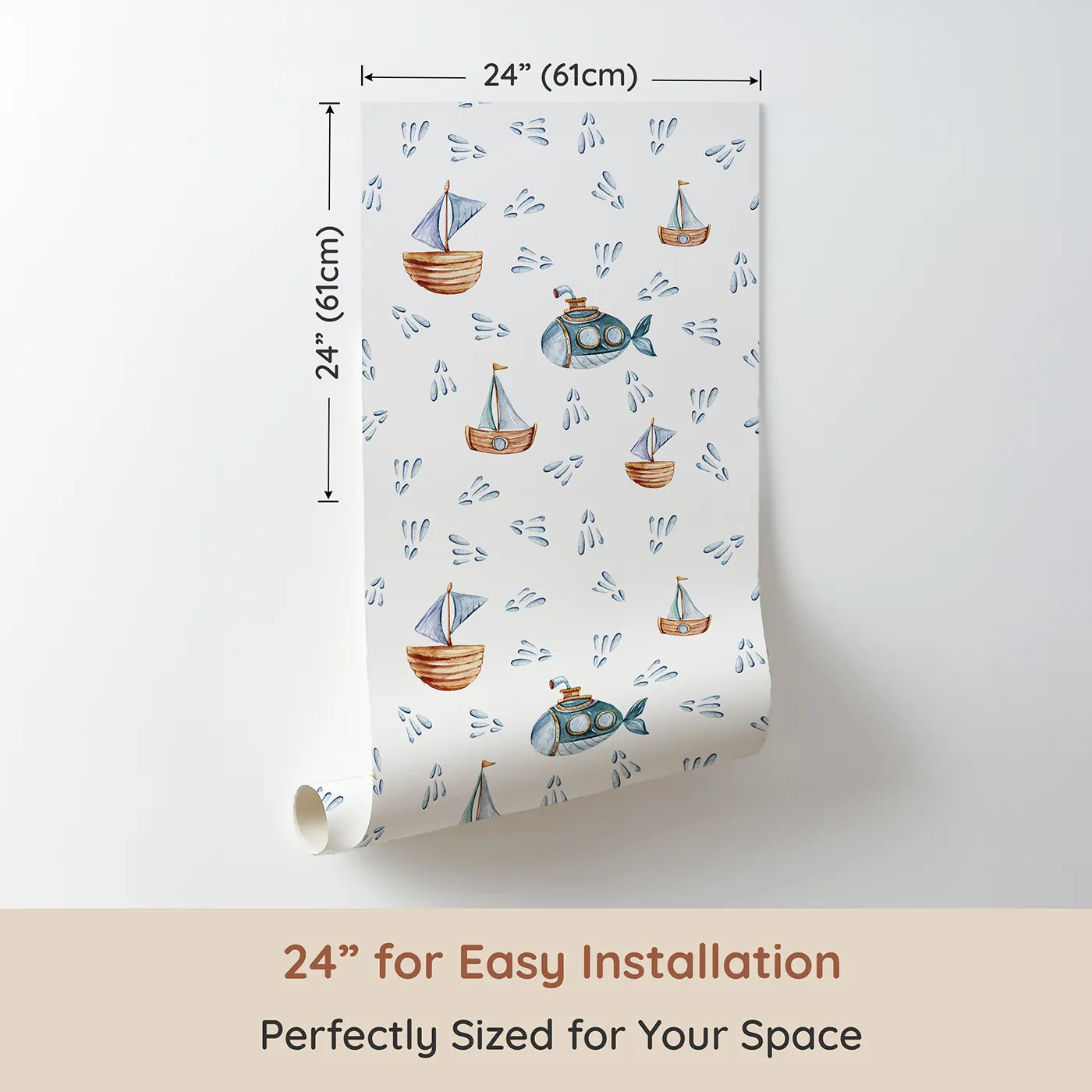 Dimension view of Whimsy Tots Seaside Vessel Parade Wallpaper in White (W3399A). Printed in 24-inch-wide panel for easy installation. Submarines and sailboats drift through playful ocean sprays.