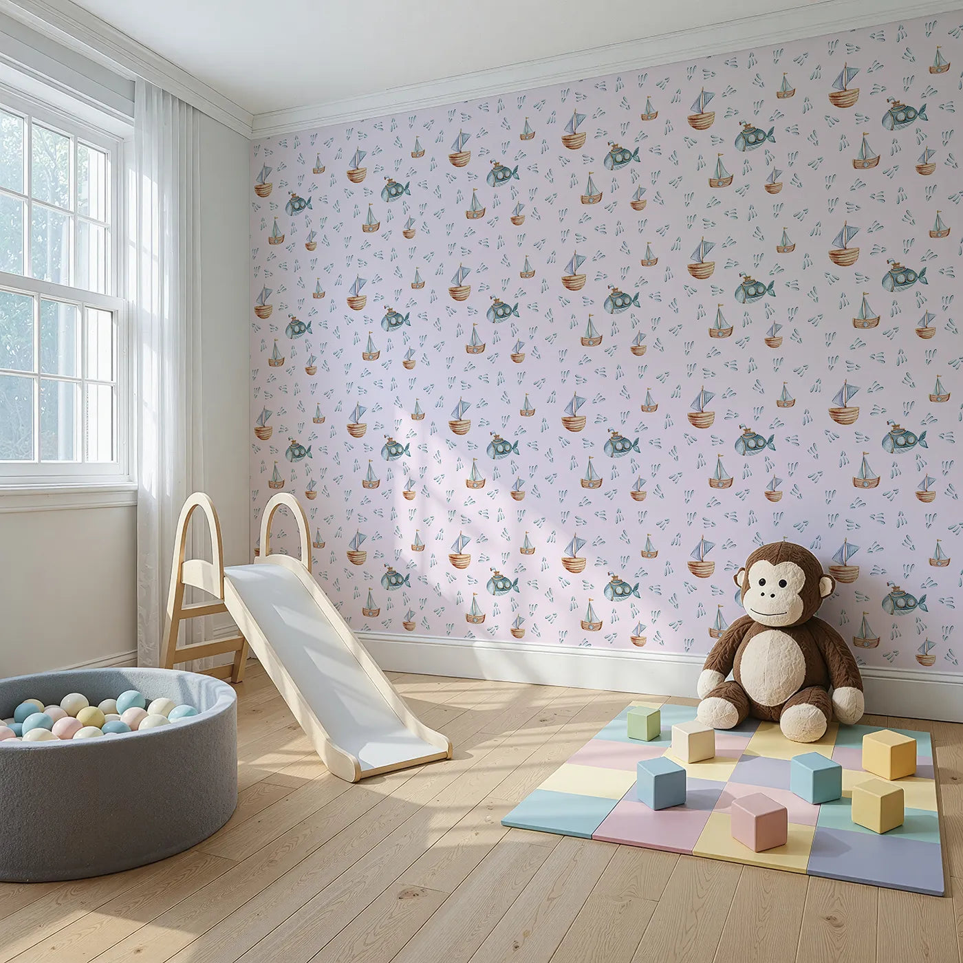 Angled view of Whimsy Tots' Seaside Vessel Parade Wallpaper in Pink (W3399B).Submarines and sailboats float gently through a pastel-pink ocean sky.