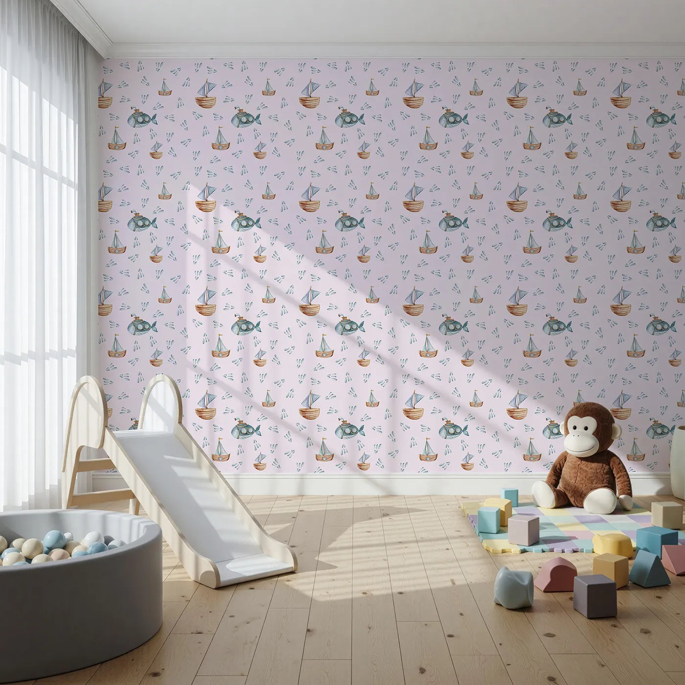 Front view of Whimsy Tots' Seaside Vessel Parade Wallpaper in Pink