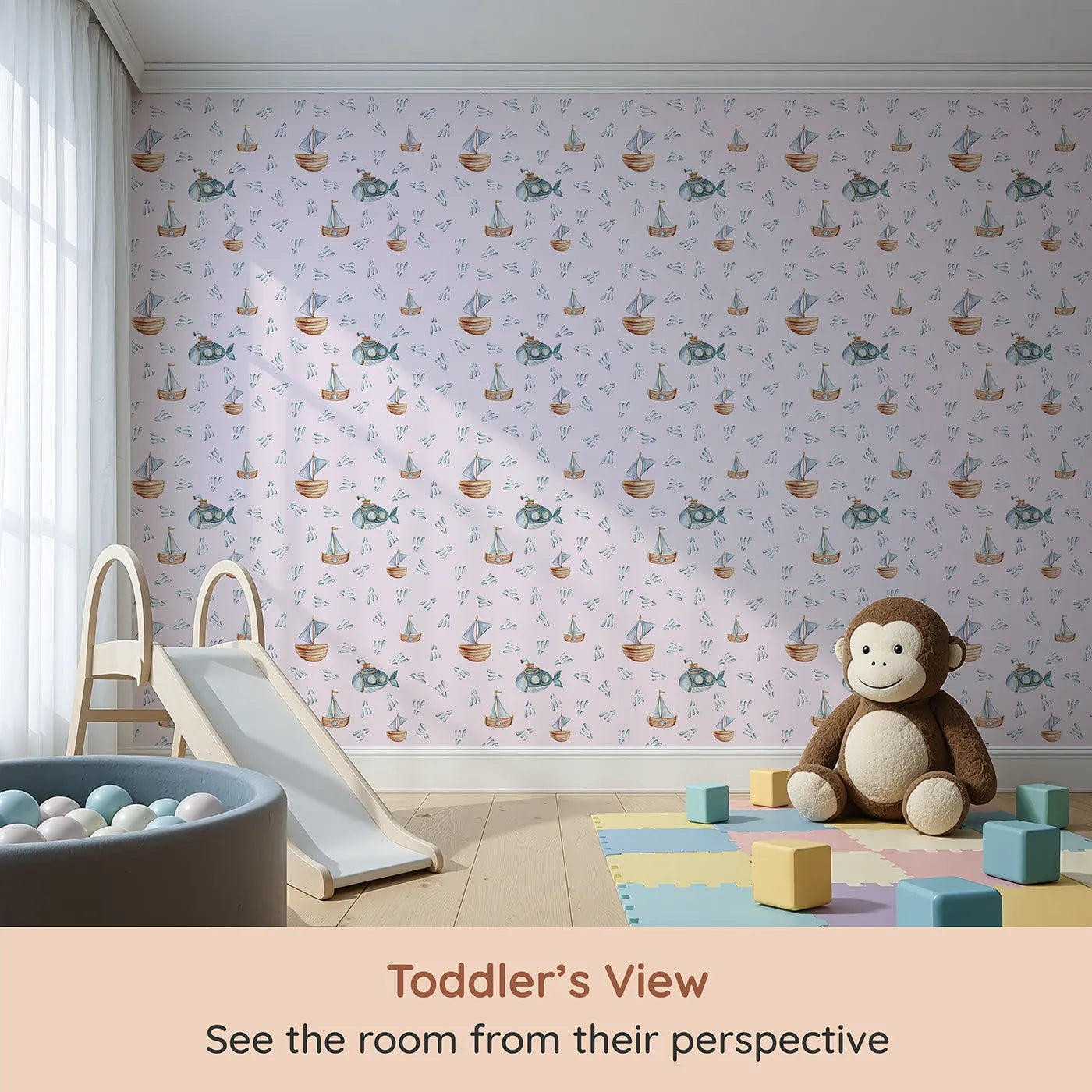 Whimsy Tots Seaside Vessel Parade Wallpaper in Pink (W3399B) from your child's view.Submarines and sailboats float gently through a pastel-pink ocean sky.